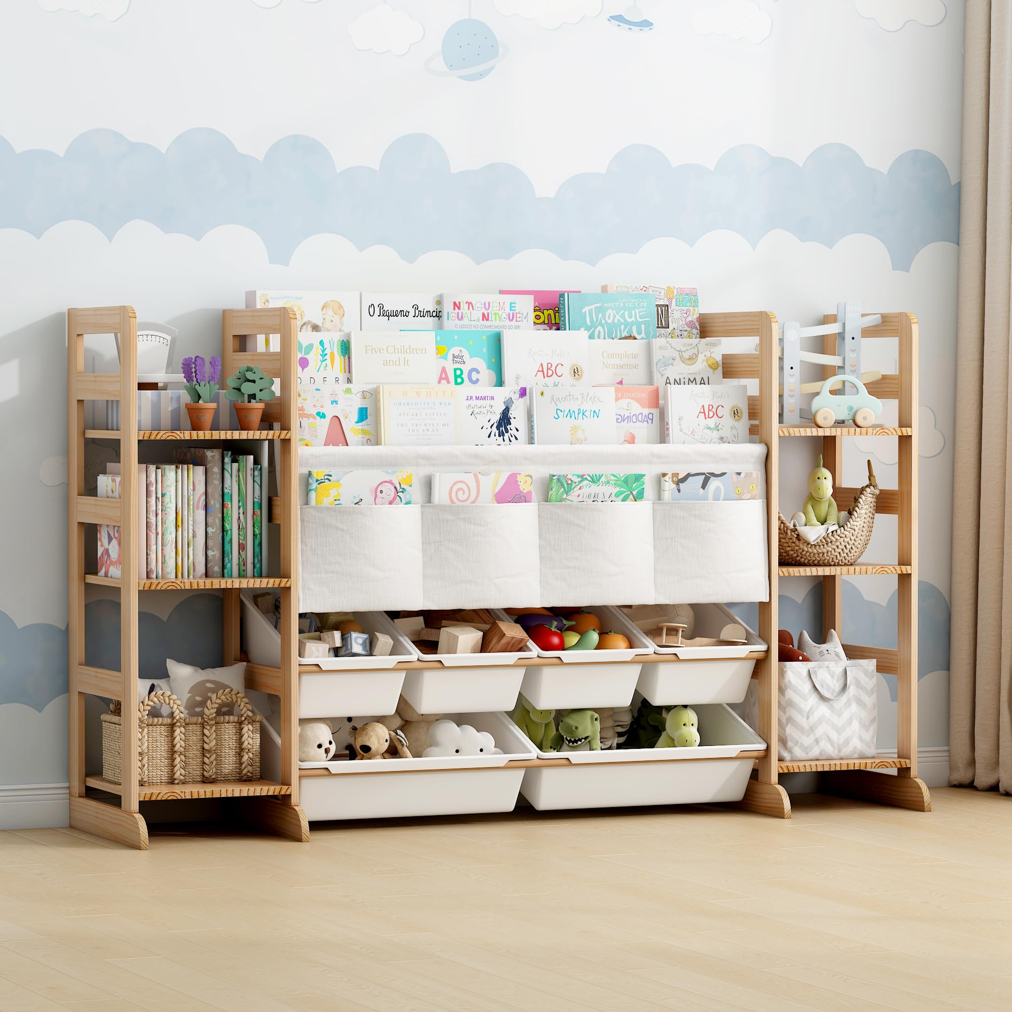 EstanterÍa Infantil para Juguetes y Libros para Juguetes con 4 Compartimentos de Tela Oxford, Estantería Infantil de Madera Maciza con 6 Caja de Almacenamiento, Organizador de Libros