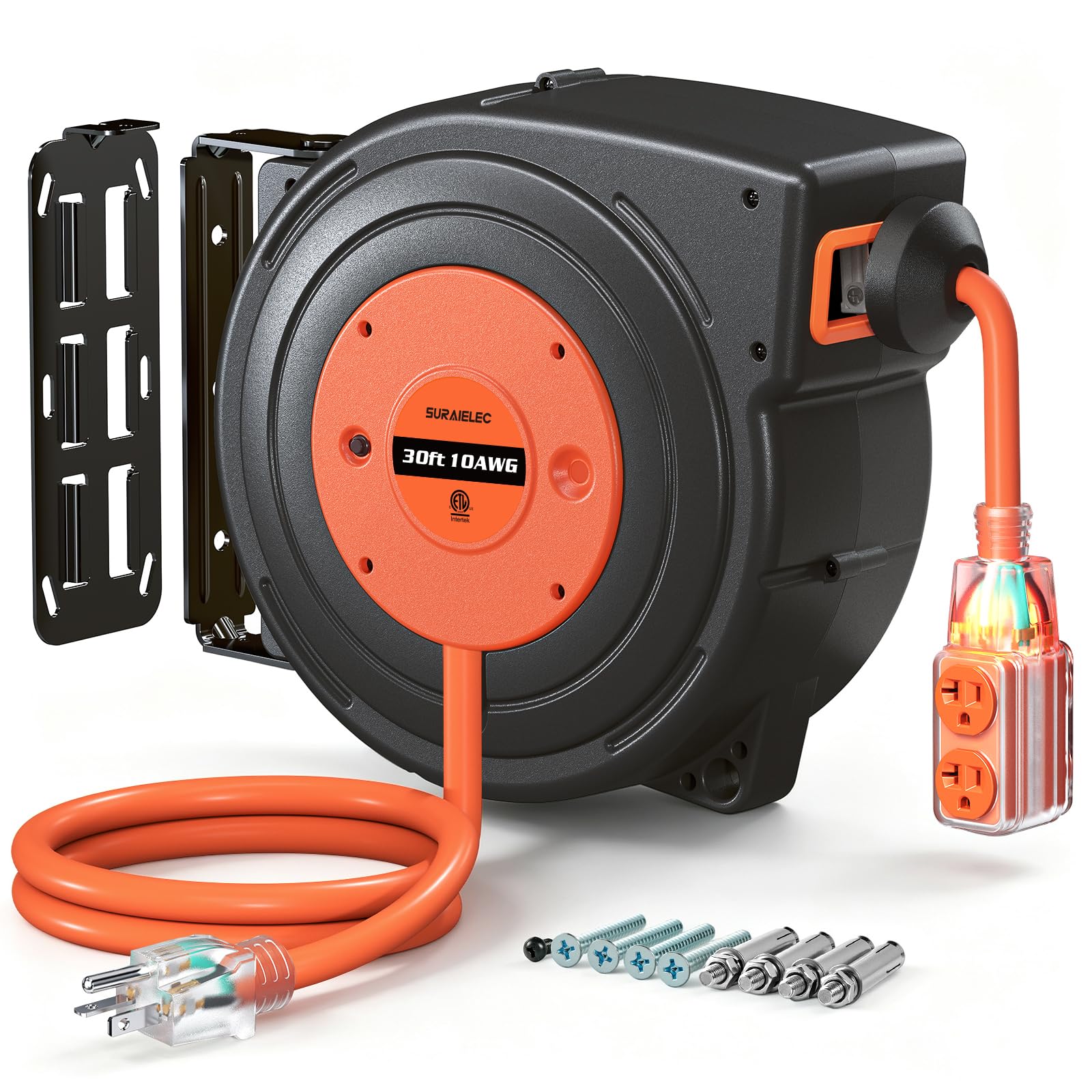 SURAIELEC 20AMP Retractable Extension Cord Reel, 30FT, 10 Gauge, ETL Listed