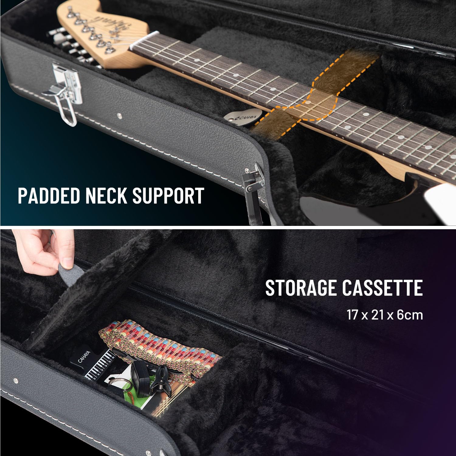 CAHAYA E-Gitarre Hartschalenkoffer Gefütterter Gitarrenkoffer Robuster PU E-Gitarren Koffer mit Sicherheitsverschluss für Standard E-Gitarre Schwarz