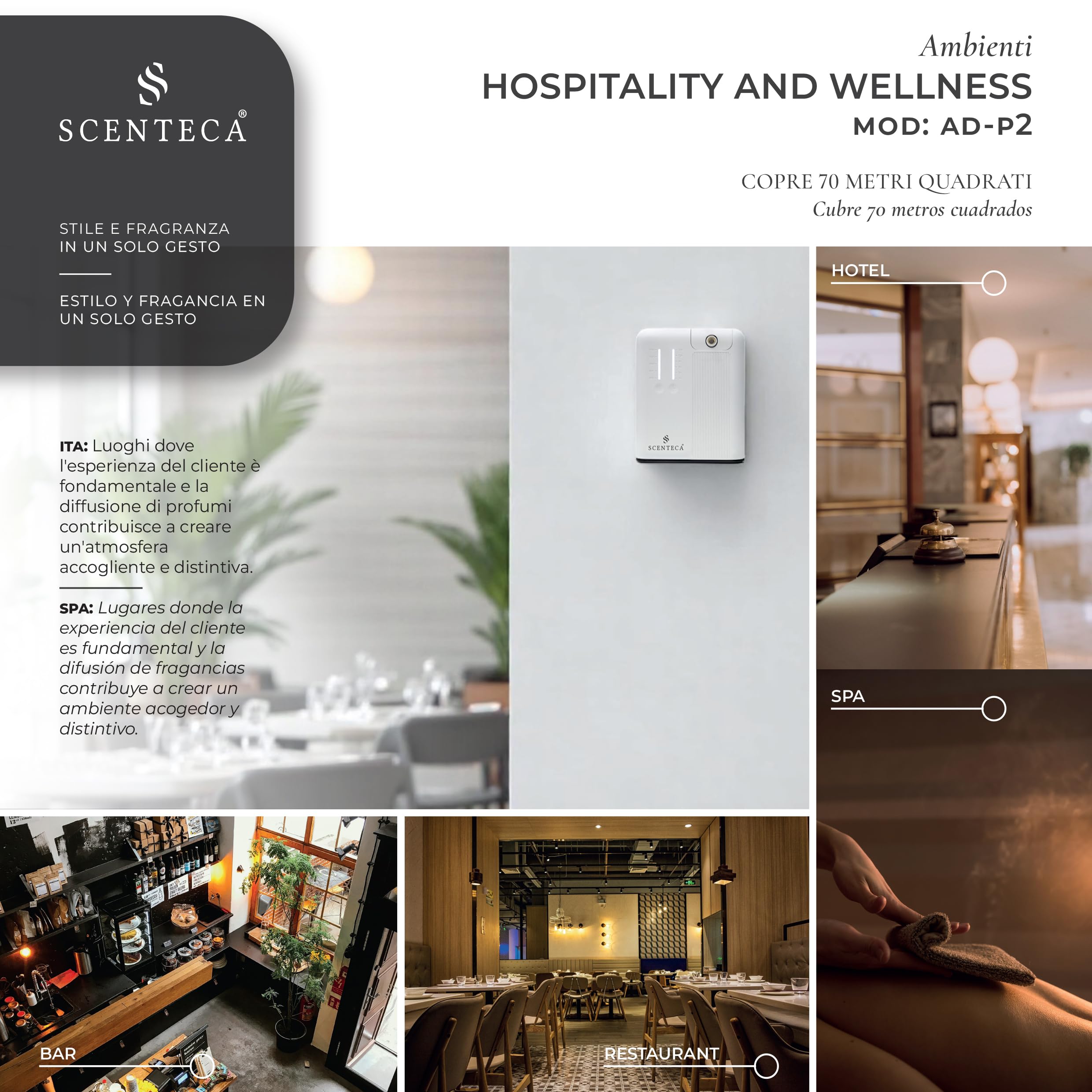 SCENTECA Difusor eléctrico de aceites Esenciales AD-P2 con Fragancia Summer Scent incluida, nebulización sin Agua, programable vía App, Cobertura de hasta 70 m² (100 ml)