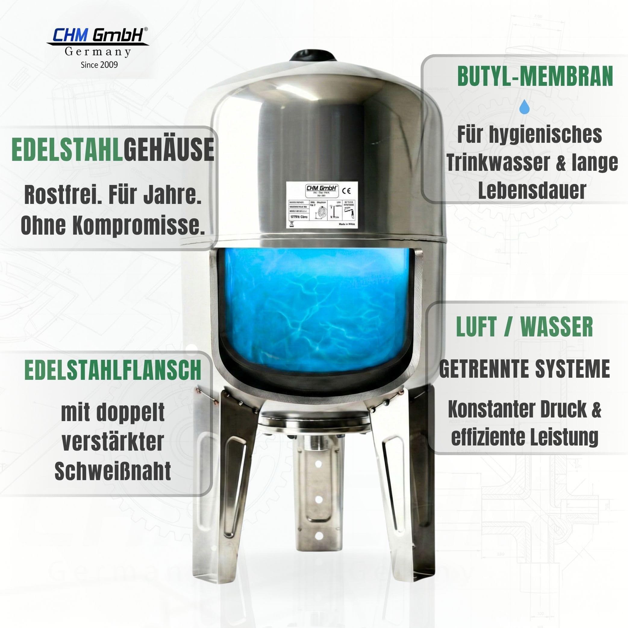 Druckkessel Membrankessel vertikal 50 L Edelstahl max. 8 Bar, Ausdehnungsgefäß stehend
