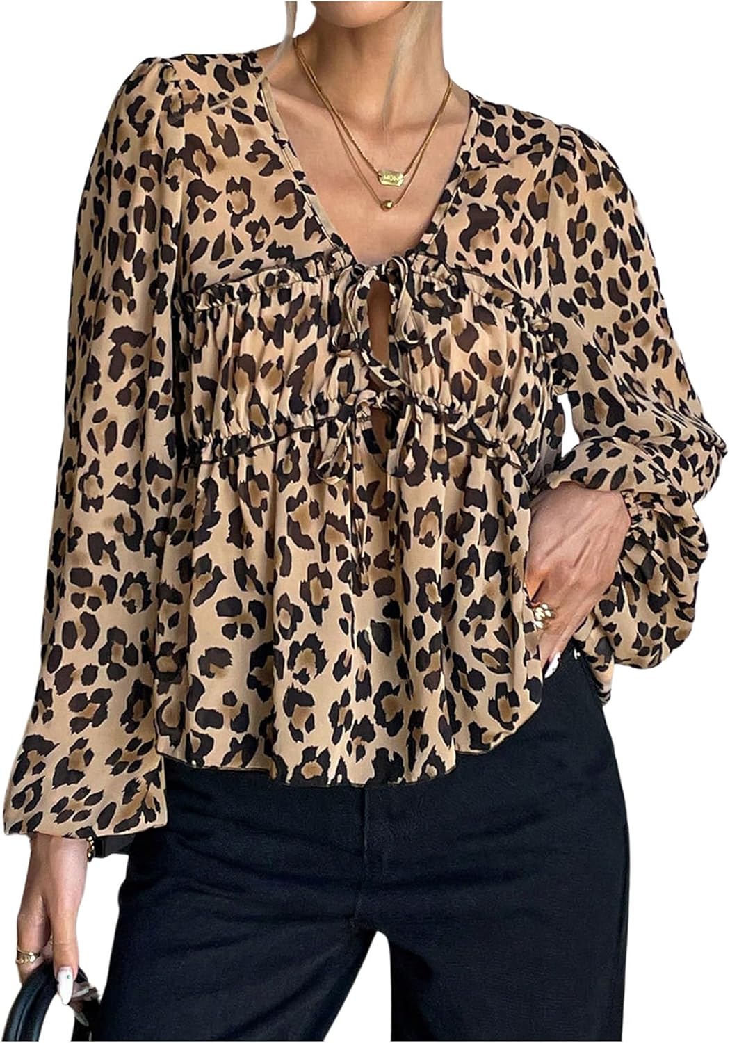 SHENHE Women's Leopard Print Blouse Lantern Sleeve V Neck Ruffle Peplum Babydoll Top Blouse