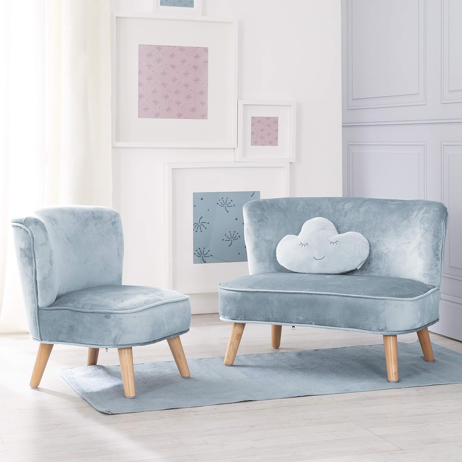 Roba Lil Sofá para niños, se compone de sofá infantil, sillón infantil, cojín decorativo con nube azul azul claro/cielo Talla:Set groß 3-teilig