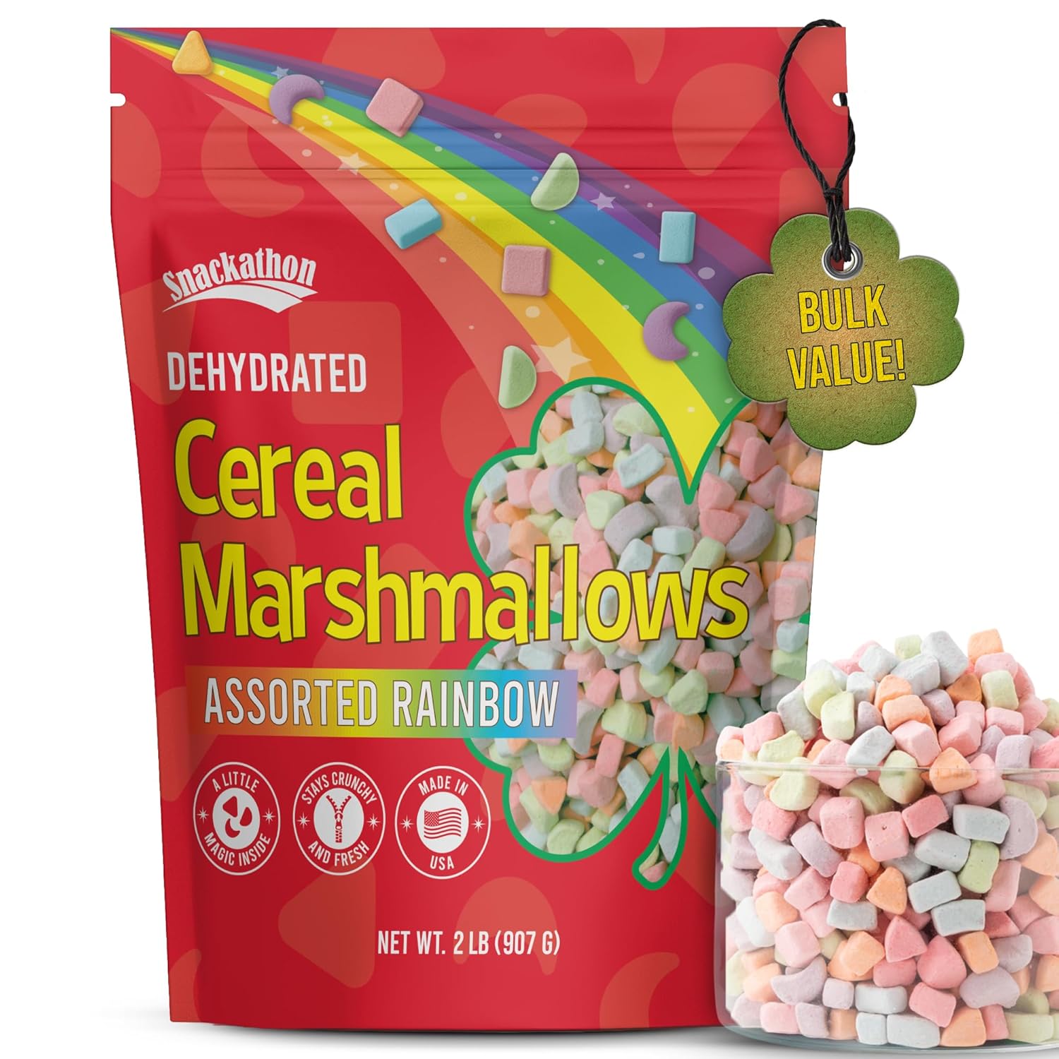 Snackathon Dehydrated Cereal Marshmallows, Assorted Rainbow Mini Bits, 2 LB Resealable Bulk Bag – Fun Crunchy Lucky-Style Marshmallow Topping for Hot Chocolate, Coffee, Cereal & Desserts