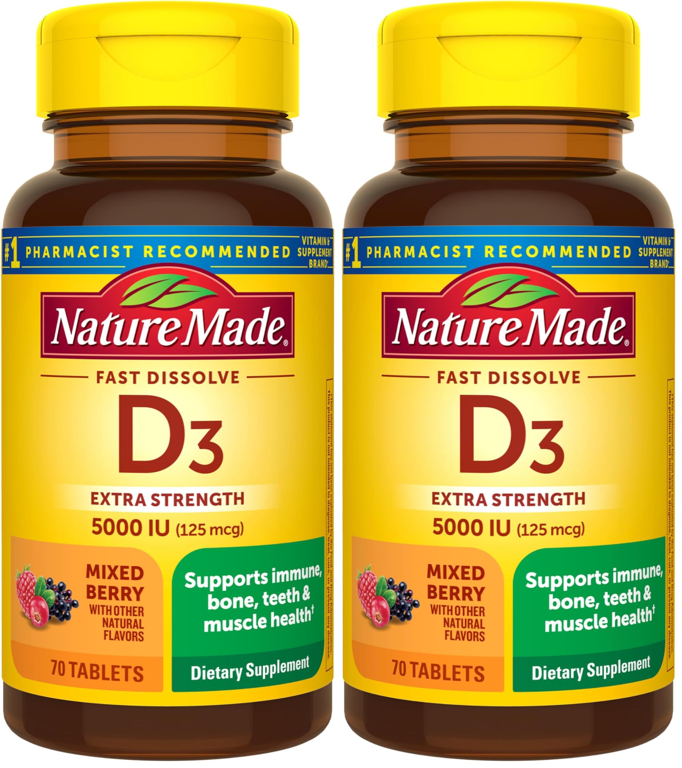 Nature Made Vitamin D3 5000 IU (125 mcg) Extra Strength, Vitamin D Supplement for Immune Support, 70 Sugar Free Fast Dissolve Tablets, 70 Day Supply, (Pack of 2) 70 Count (Pack of 2)