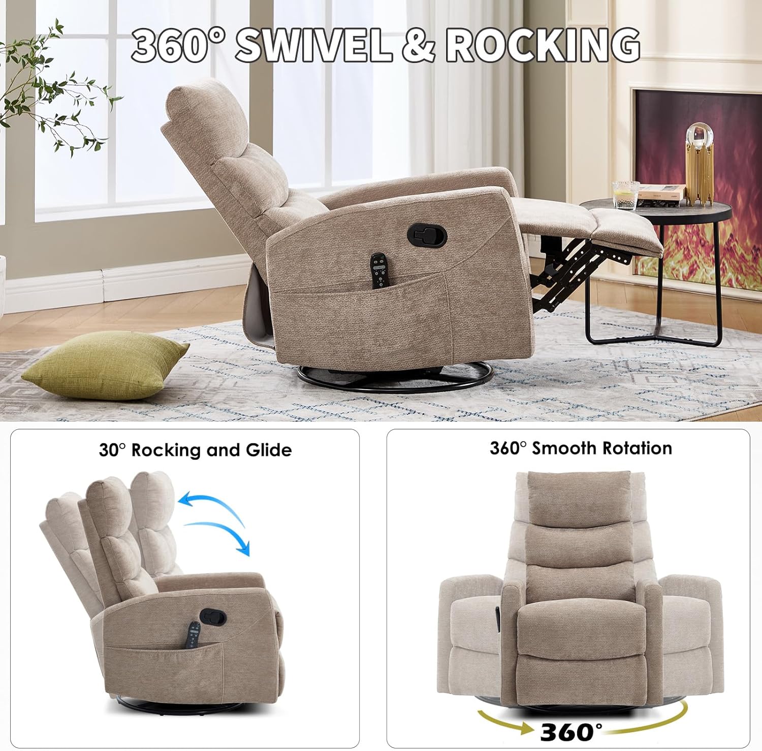 Trustyue Swivel Rocker Recliner Chair, 360° Swivel Recliner with Heat and Massage,Chenille Rocker Recliner Nursery Glider Recliner Chair with Side Pockets for Living Room Khaki
