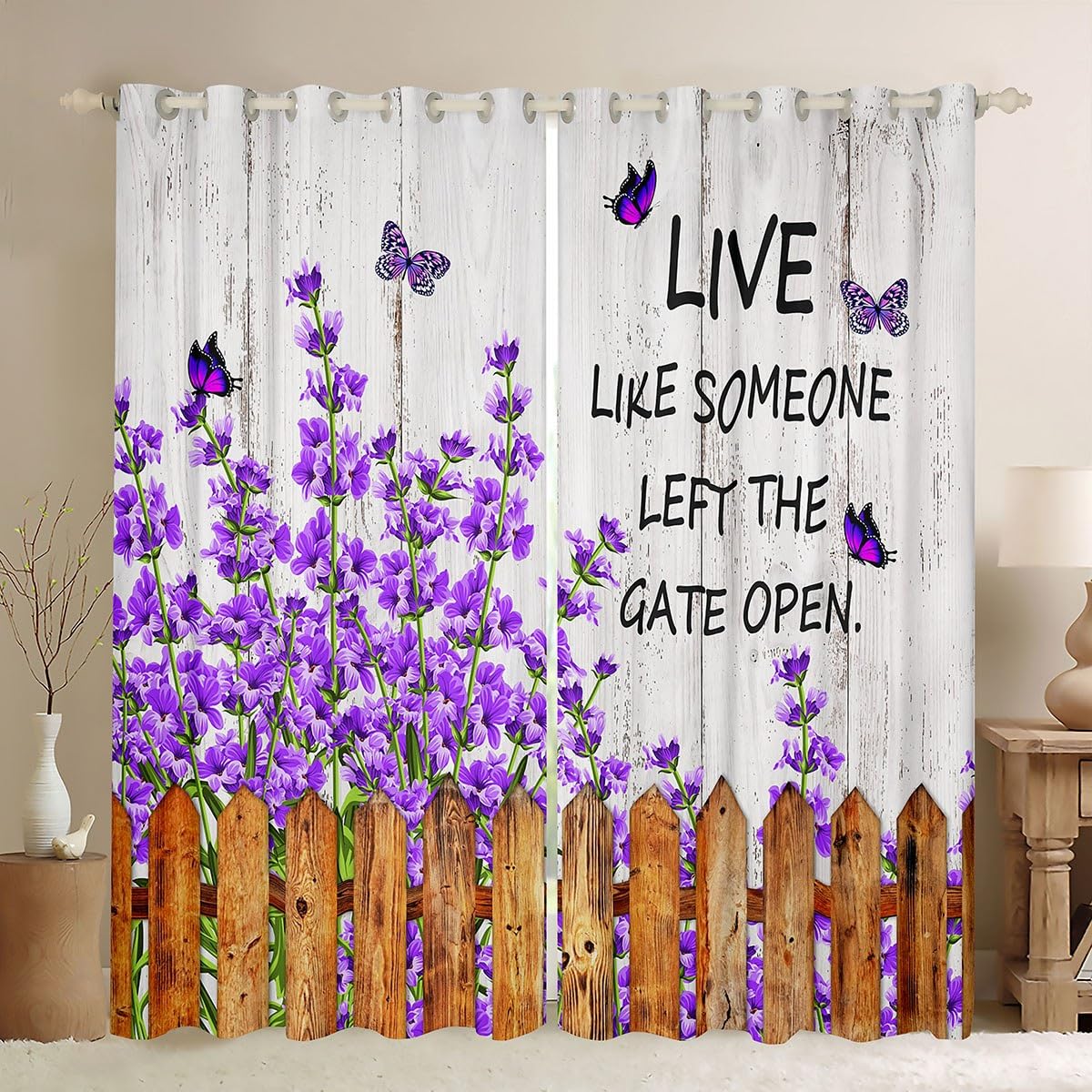Manfei Lavender Blackout Curtain Purple Flower Butterfly Window Drapes for Kids Boy Girls Room Decor, Grey Wooden Plank Window Treatments Grommet Top 2 Panel Set Bedroom Curtains, 46Wx54L inch