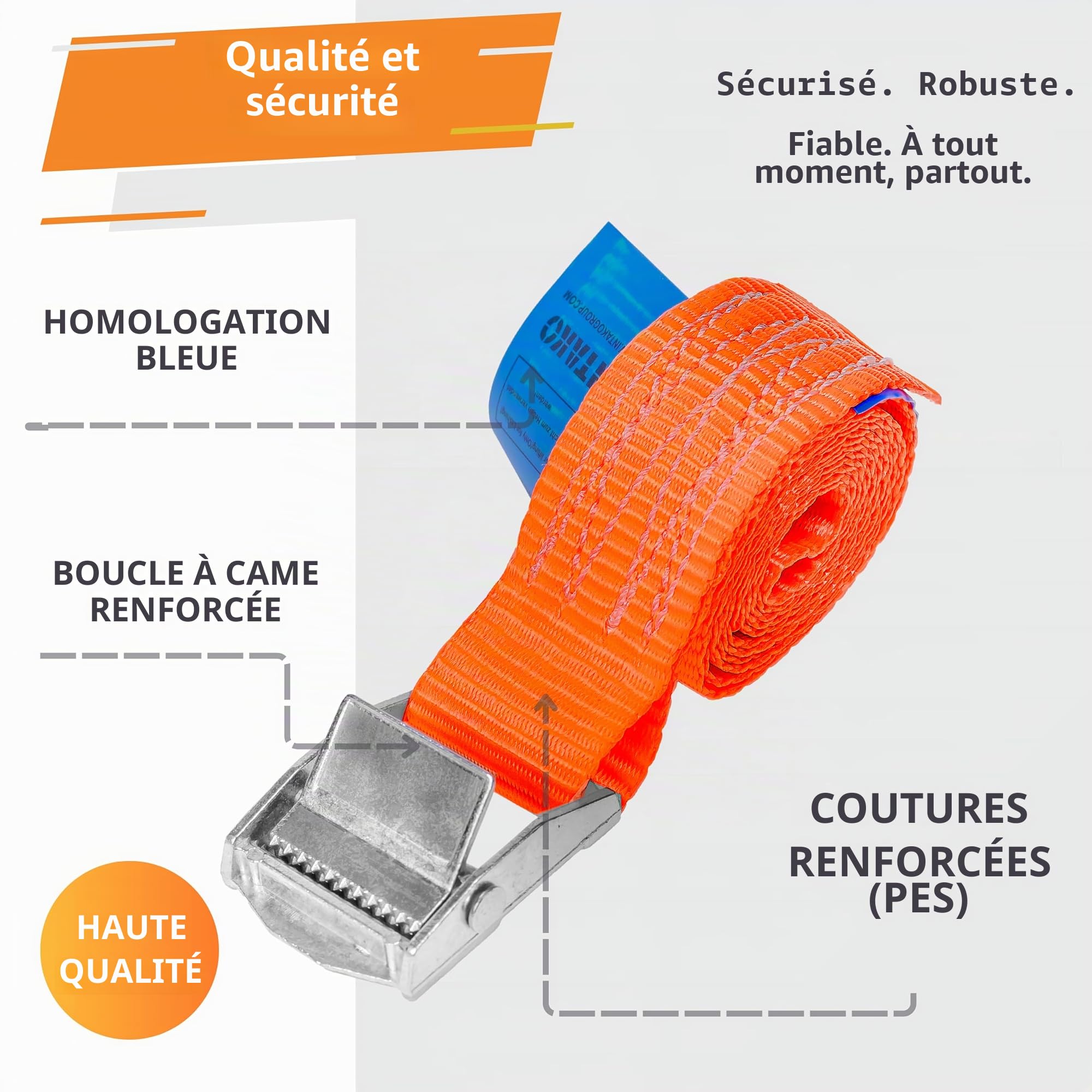 INTAKO Sangle Arrimage avec Boucle 0,5 x 25mm x 250kg - 4 Pieces - Sangle Fixation a cliquet pour Kayak, Planche de Surf, Velo - DIN EN-12195-2 - Orange