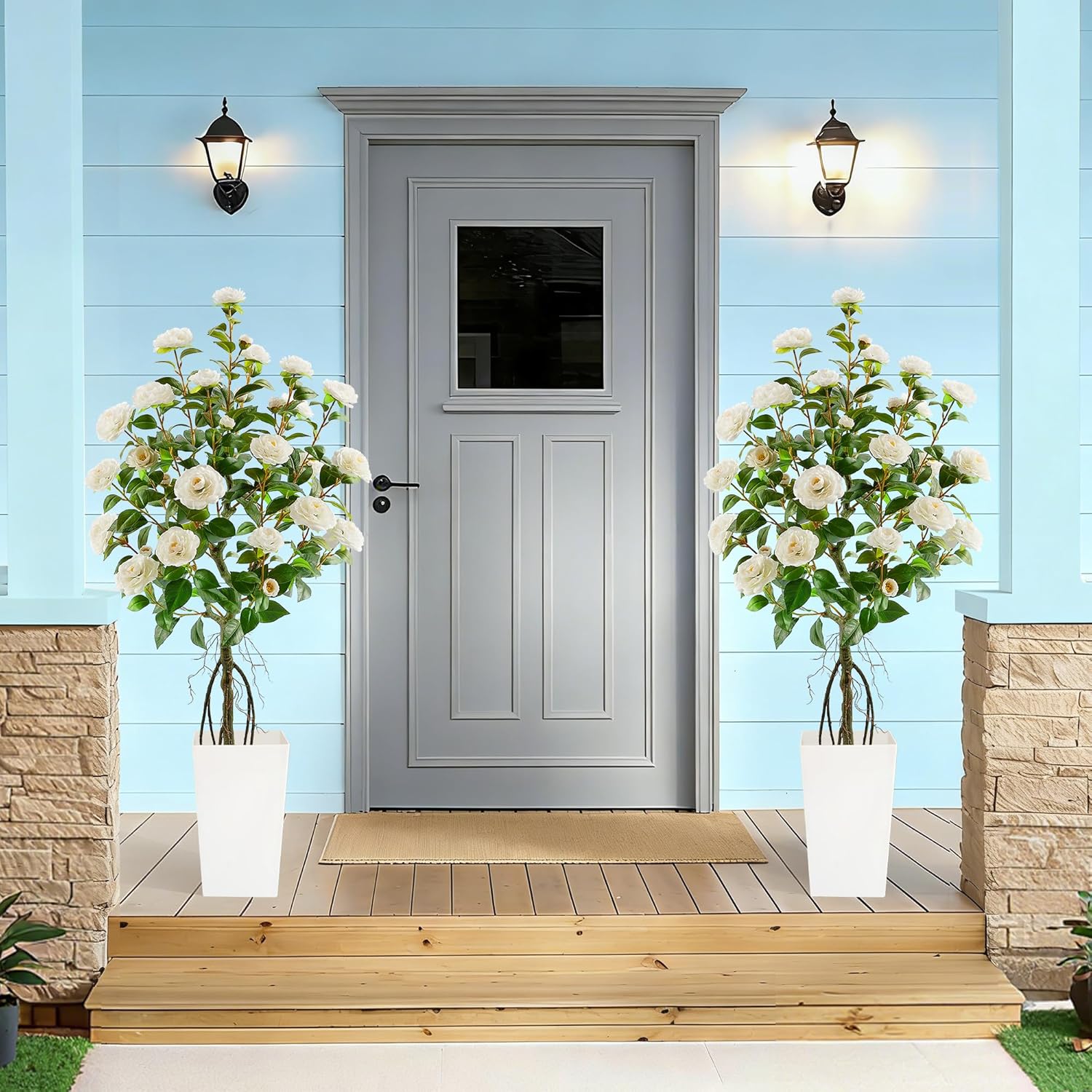 4FT Artificial Camellia Tree with Planter, White Realistic Fake Flowering Tree, Faux Plant for Indoor Outdoor Home, Porch, Living Room, Office & Garden Decor