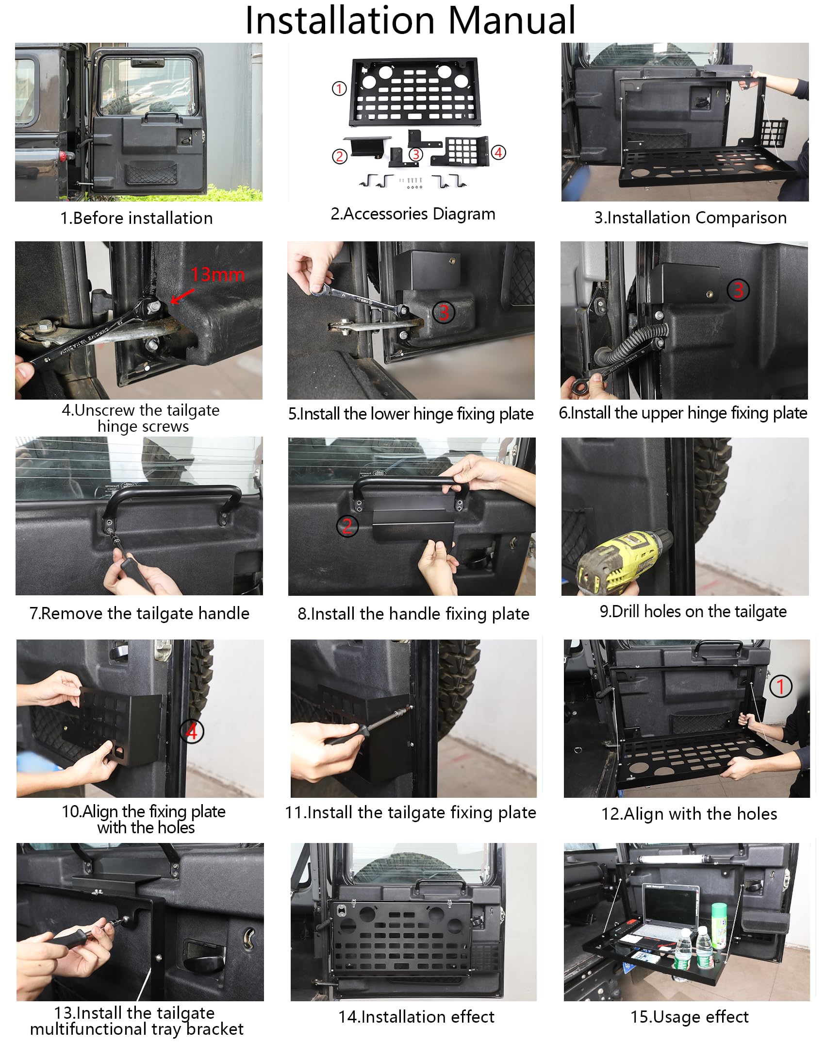 Table de coffre pour hayon Porte arrière Camping tout-terrain Bureau Étagère de rangement Compatible avec Land Rover Defender 110 2020-2022, Table de coffre en métal Étagère de rangement Chargement