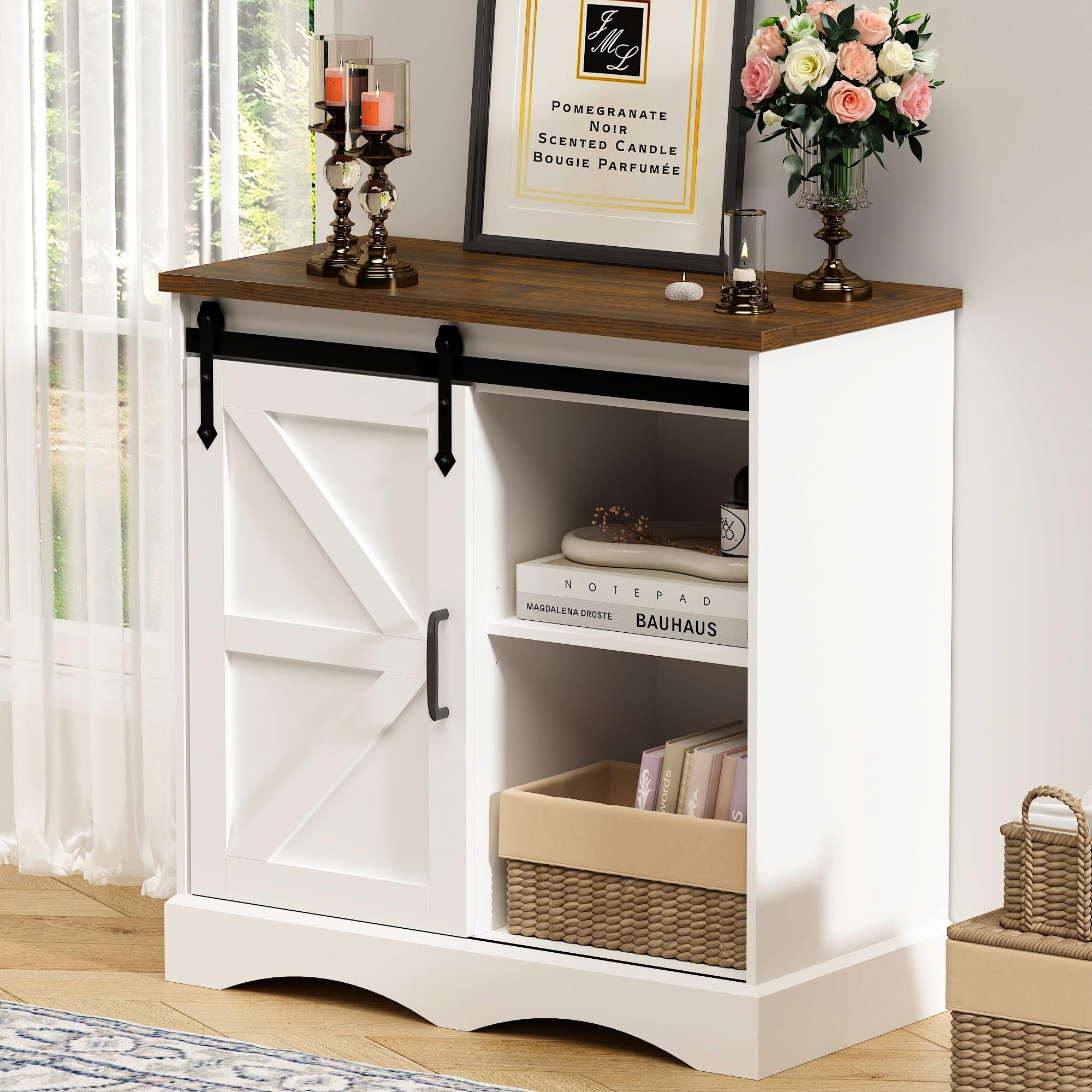 Farmhouse Coffee Bar Cabinet, White Buffet Storage Cabinet with Sliding Barn Door, 31.5” Kitchen Sideboard Accent Cabinet Adjustable Shelf, Dining Room Living Room Entryway, White & Brown