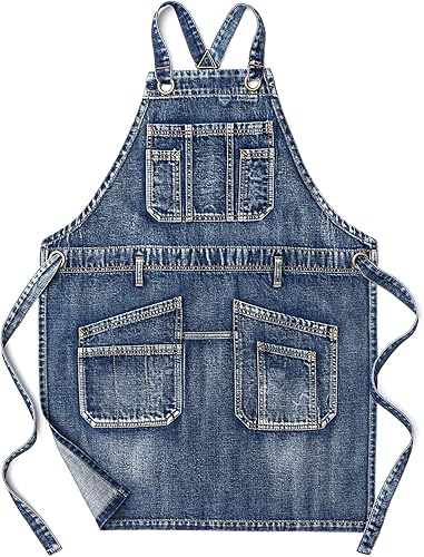 Jeanerlor - Delantal de peluquería de trabajo estilo lavado con bolsillos para mujeres y hombres