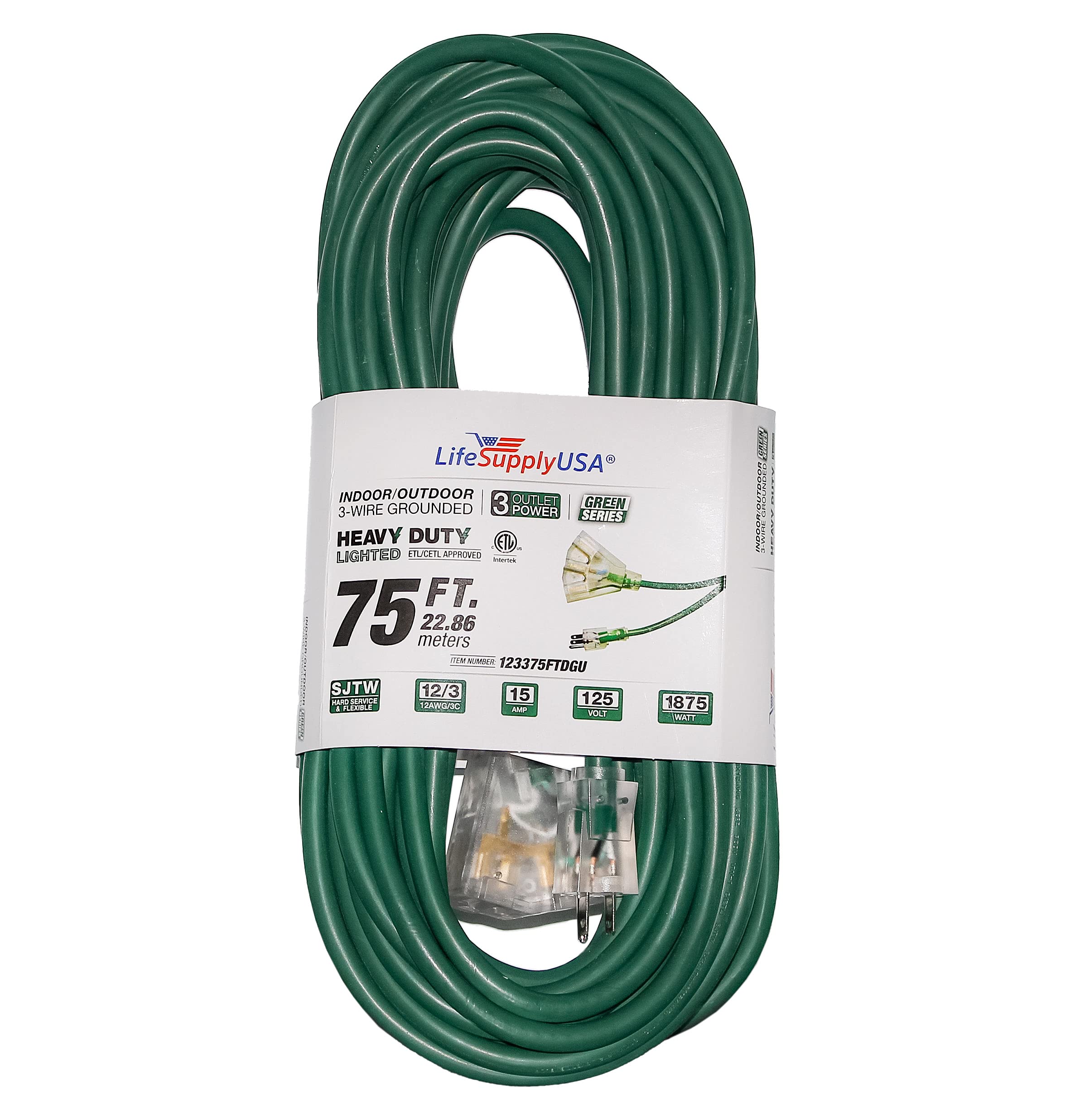 Photo 1 of 75 ft Power Extension Cord Outdoor & Indoor Heavy Duty 12 Gauge/3 Prong SJTW (Green) Lighted end 3-Outlet Extra Durability 15 AMP 125 Volts 1875 Watts ETL Listed by LifeSupplyUSA