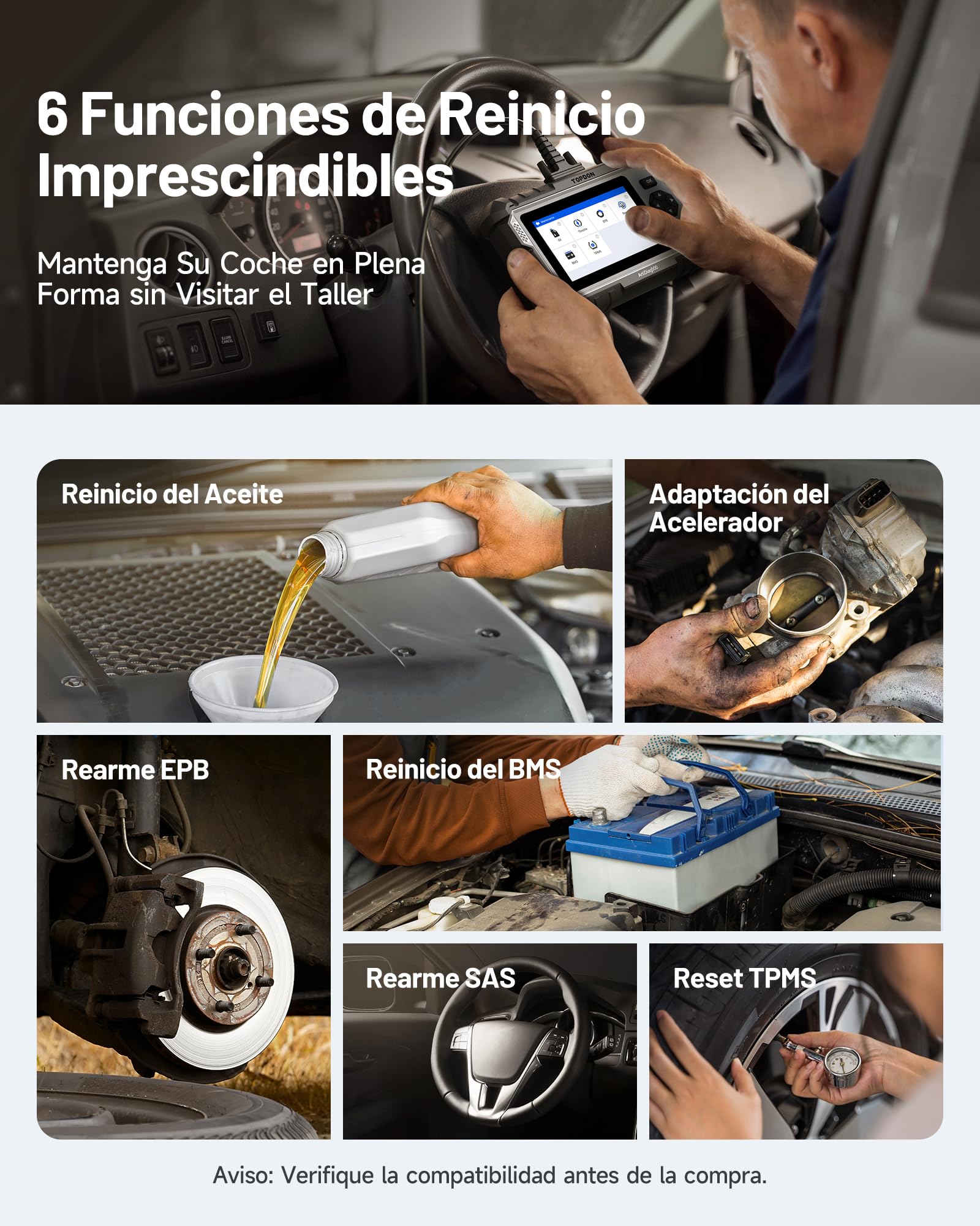 TOPDON AD500 OBD2 Diagnosis Escáner de Coche para Motor, Transmisión, ABS y airbags, 6 Funciones de Reinicio (Aceite, SAS, Acelerador, TPMS, BMS, EPB),AutoVIN, Actualizaciones Wi-Fi de por Vida