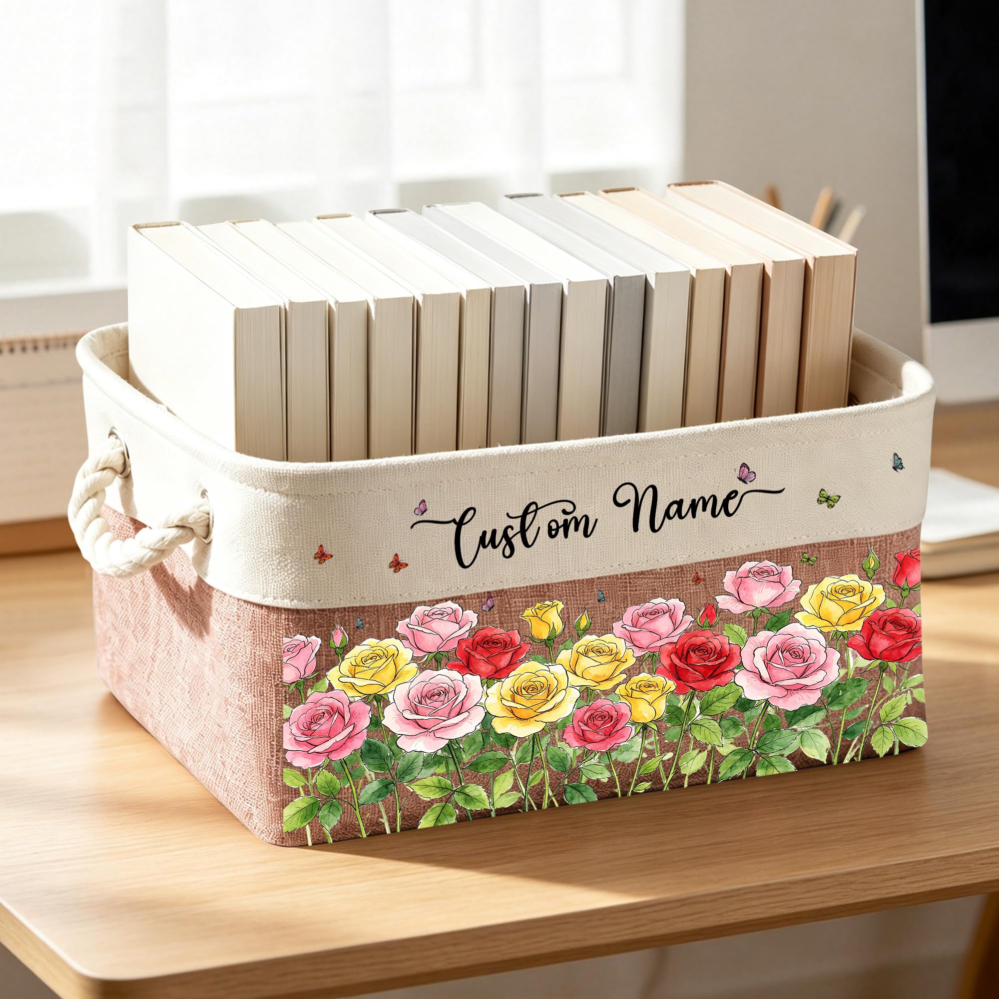Personalized Book Storage Basket With Birth Month Flower, Custom Name Flower Floral Storage Bin with Handles, Bookish Gifts For Book Lovers Bookworms Readers Librarians