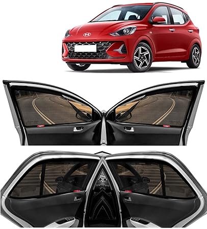 KINGSWAY Car Side Window Curtain Sun Shades Magnetic Compatible with Hyundai Grand I10 Nios (Year 2023 Onwards), Zips in Front Window with Rear Windshield, Cotton Mesh, Complete Set of 5 Pieces