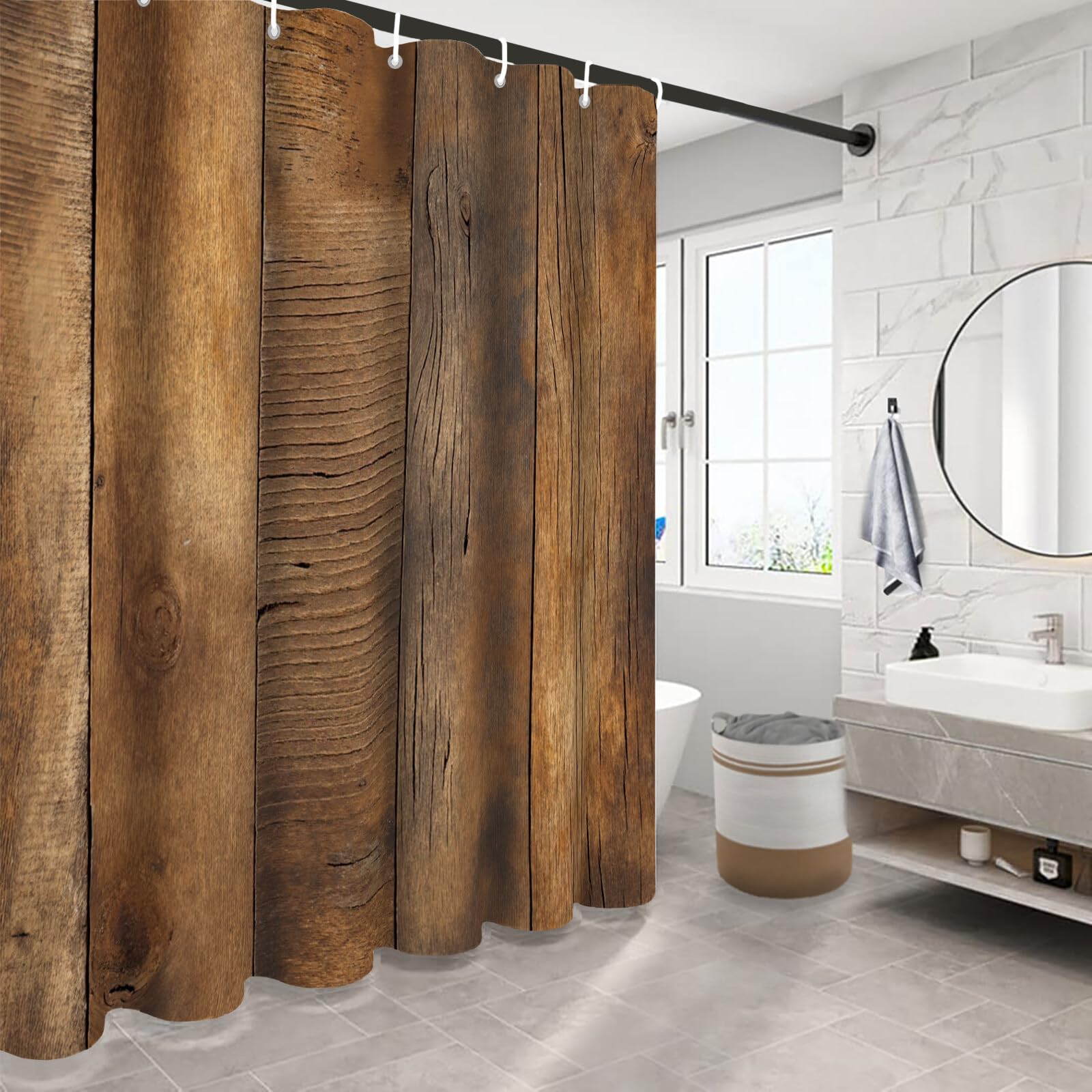 Rideau De Douche Grain De Bois Nature Rurale Tissu Imperméable Lavable avec Crochets Anti Moisissure en Polyester Rideau Douche pour Salle De Bain