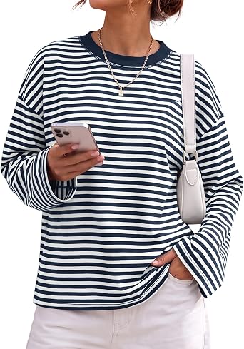 LOMON Striped Long Sleeve Shirt Women Oversized Crewneck Fall Y2k Tops 2026