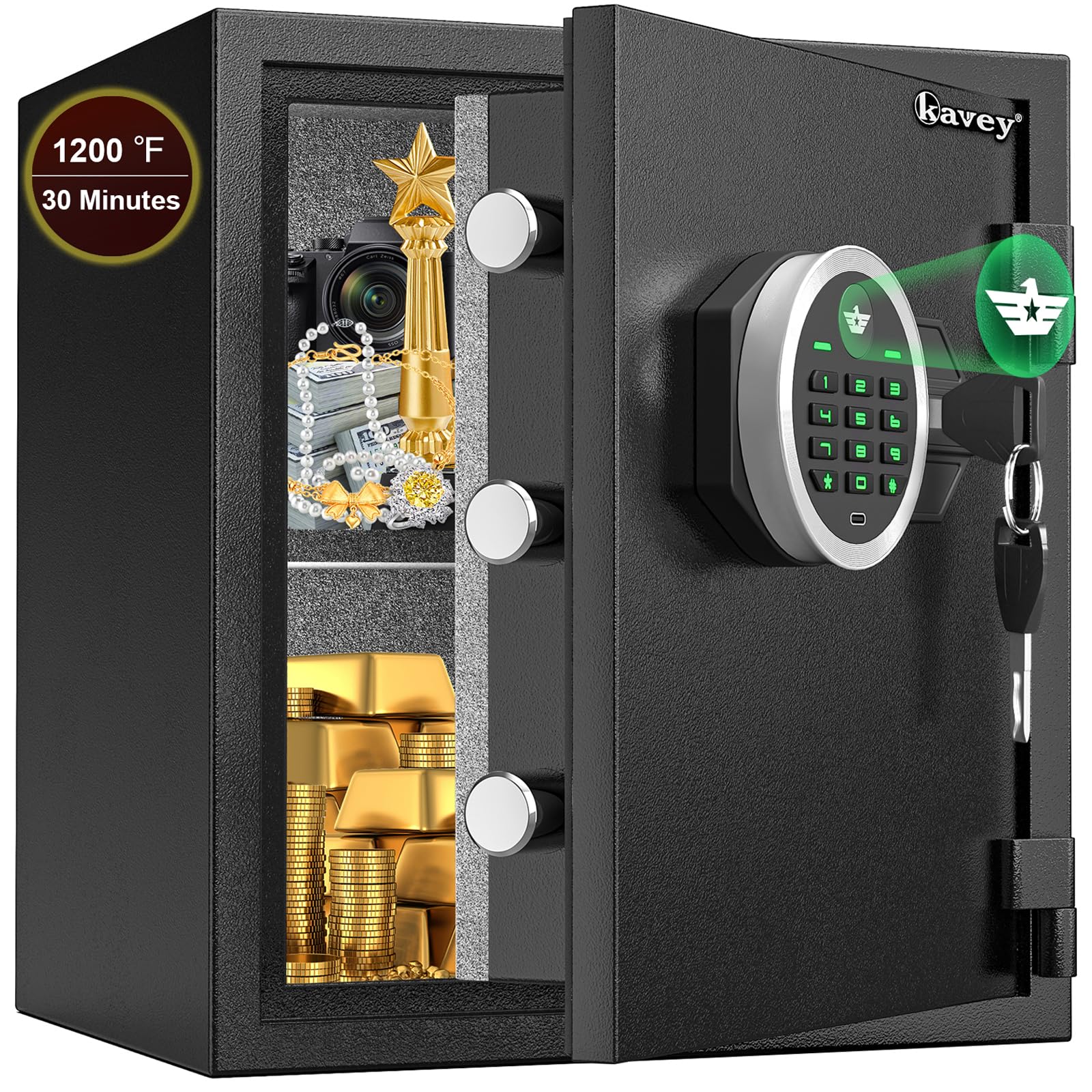 Kavey Safe Box, Fireproof Safe, 1.8 Cub Home Safe with Digital Backlit Keypad and Removable Shelf, Heavy Duty Money Safe with Dual Alarm System for Home Office