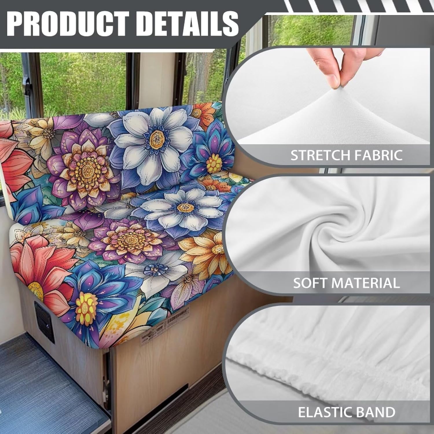 RV Dinette Cushion Covers with Boho Flowers,Replacement Loveseat Slipcovers,Sofa Slipover for Travel Trailer Couch,Complete with Backrest & Bench Cover