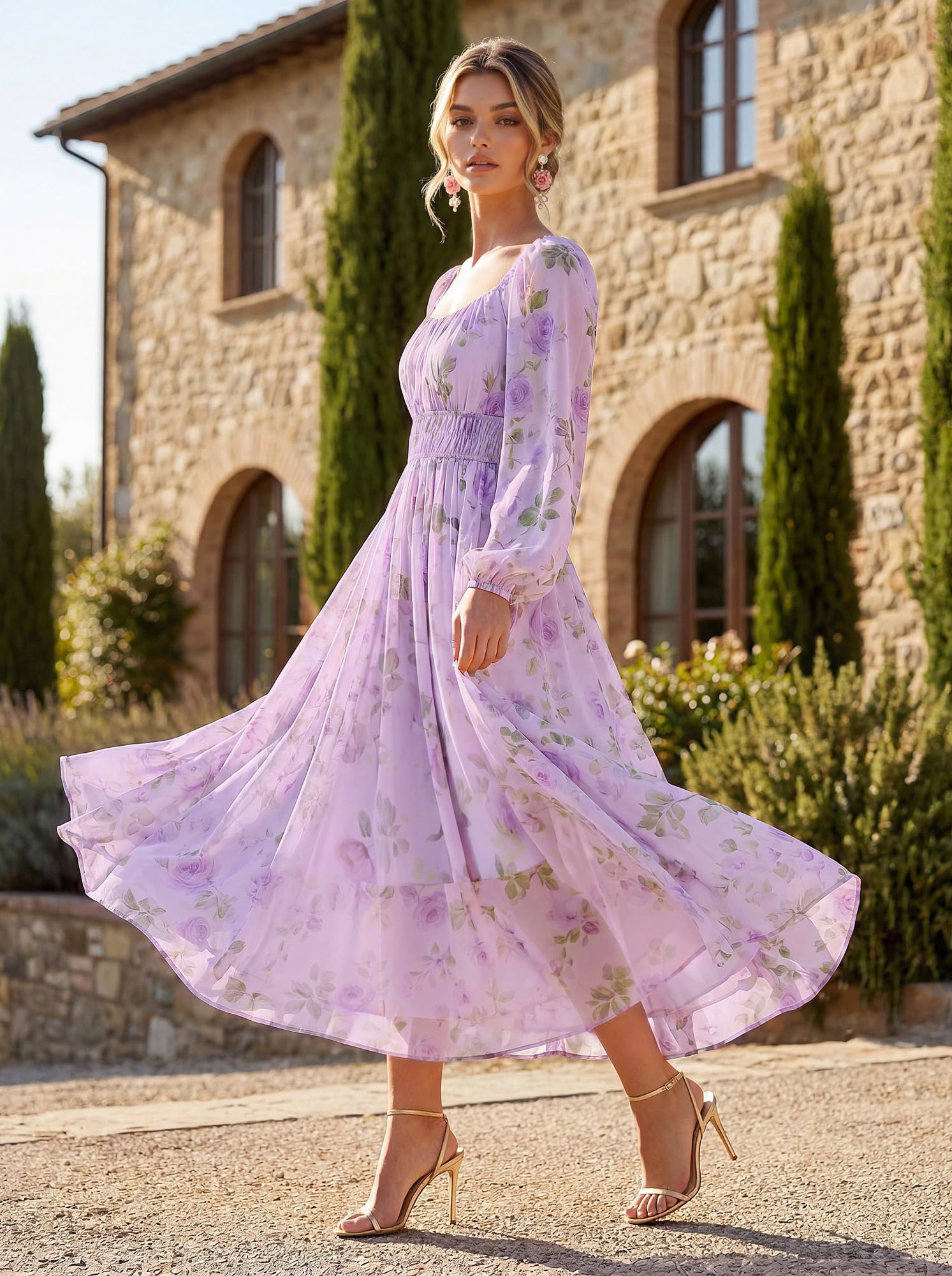 GRACE KARIN Damen A-Linie Kleid V-Ausschnitt Langarm Hochzeitsgast Blumen