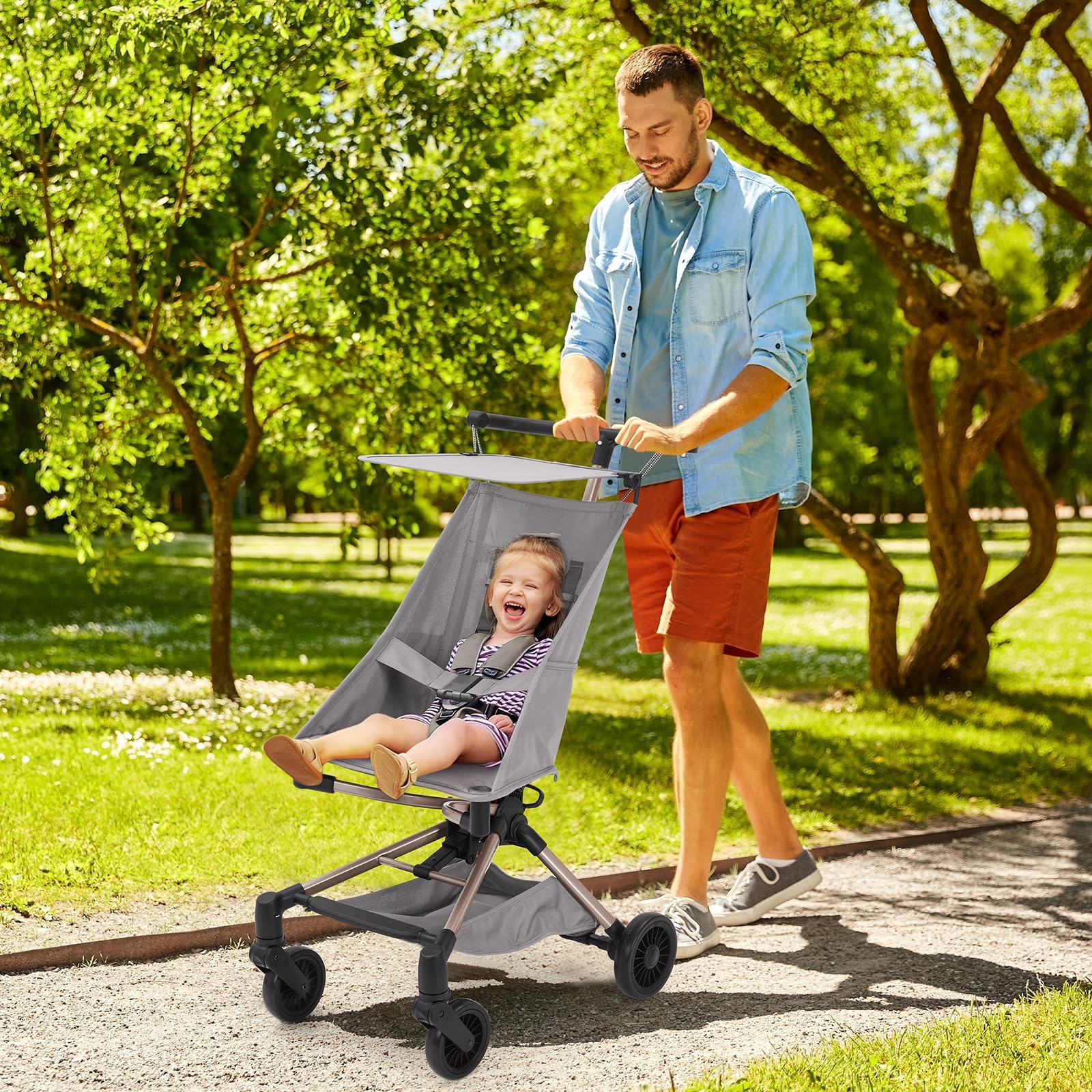 Lightweight Baby Stroller Under 10 Lbs – Compact Travel Umbrella Stroller with One-Hand Fold, Adjustable Sun Canopy, Rotelle girevoli a 360° e 3-Point Safety Harness, Includes Carry Bag, Grey