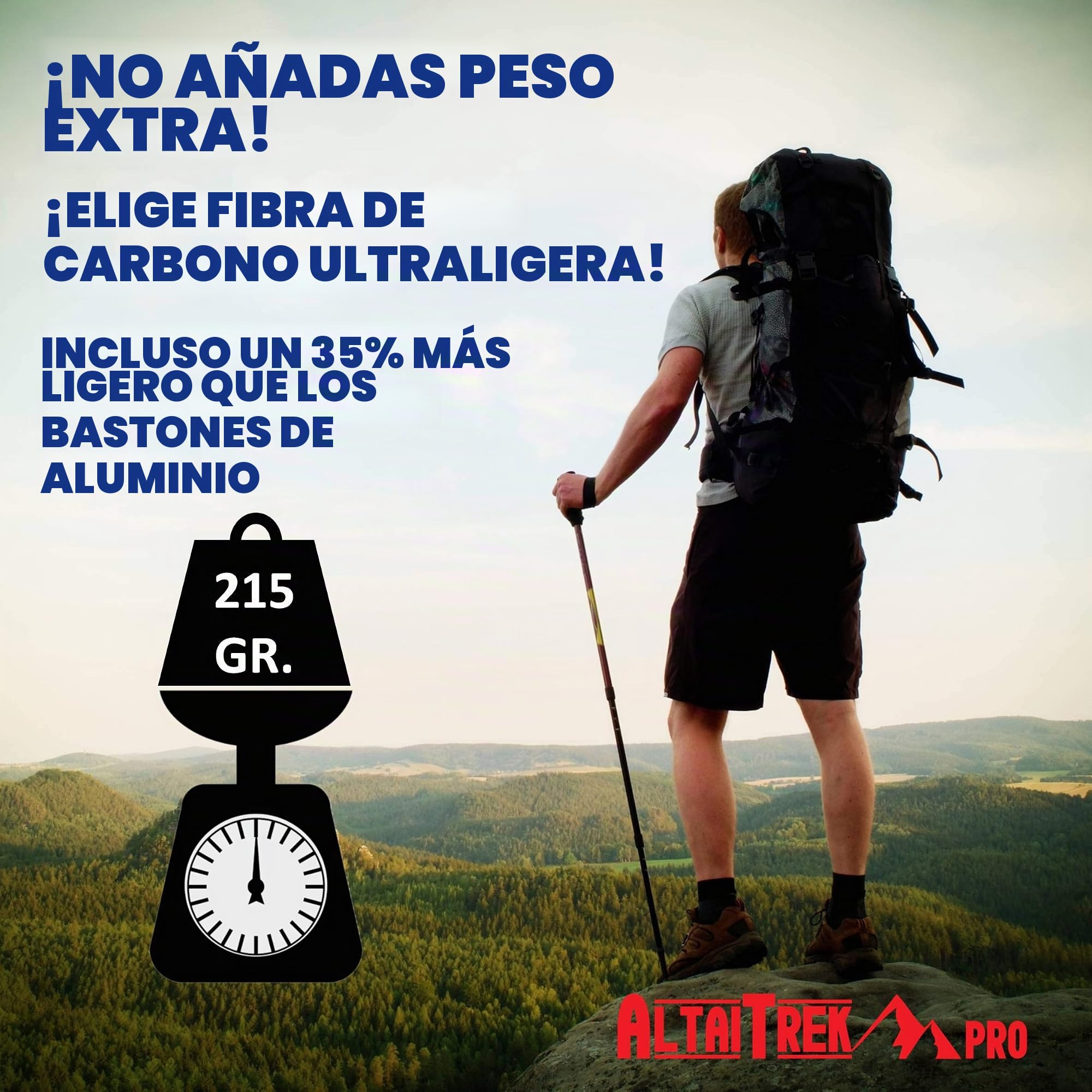 Bastones de Trekking telescópicos de Fibra de Carbono AltaiTrek PRO con Sistema de Bloqueo rápido, ultraligeros para Senderismo, montaña, Camping. Mango de Corcho Natural. Par