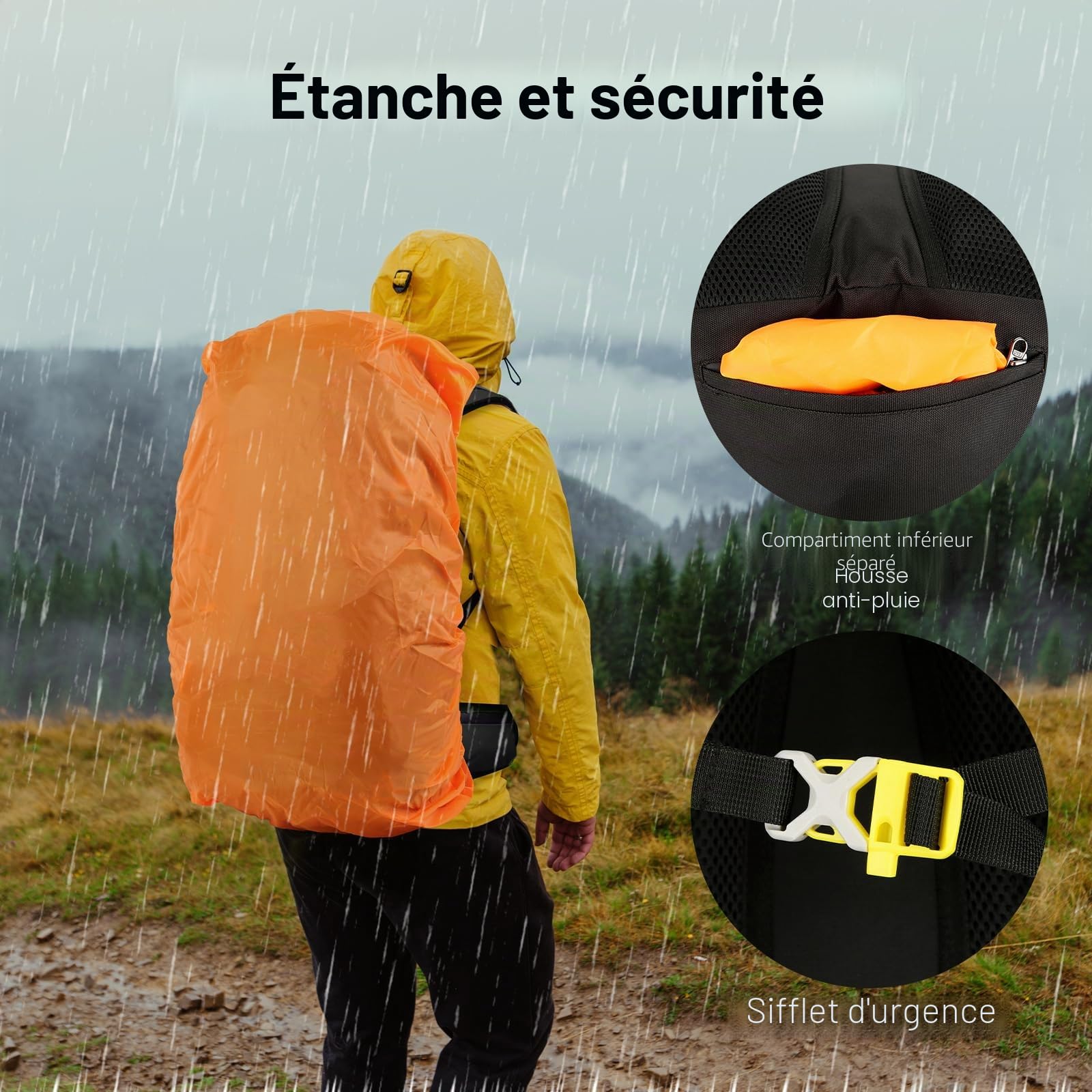 Sac à dos de randonnée imperméable 60 L pour homme et femme avec housse de pluie, dos en maille