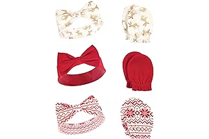 Newborn Baby Girl Christmas Classic Cotton Headband, Hat, Socks, and Mitten Gift Set