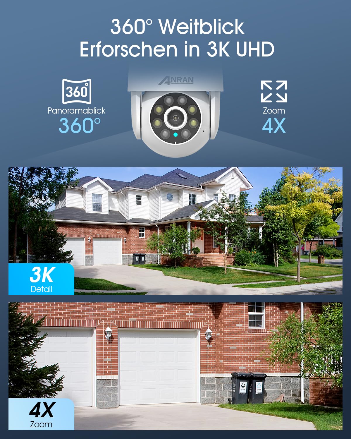 ANRAN 3K Überwachungskamera Aussen Set WLAN,8CH NVR mit 10,5" Monitor & 4X 5MP PTZ Aussenkameras,Auto-Tracking,KI-Erkennung (Person/Fahrzeug/Tier/Packeterkennung),24/7 Aufzeichnung,Ohne ABO