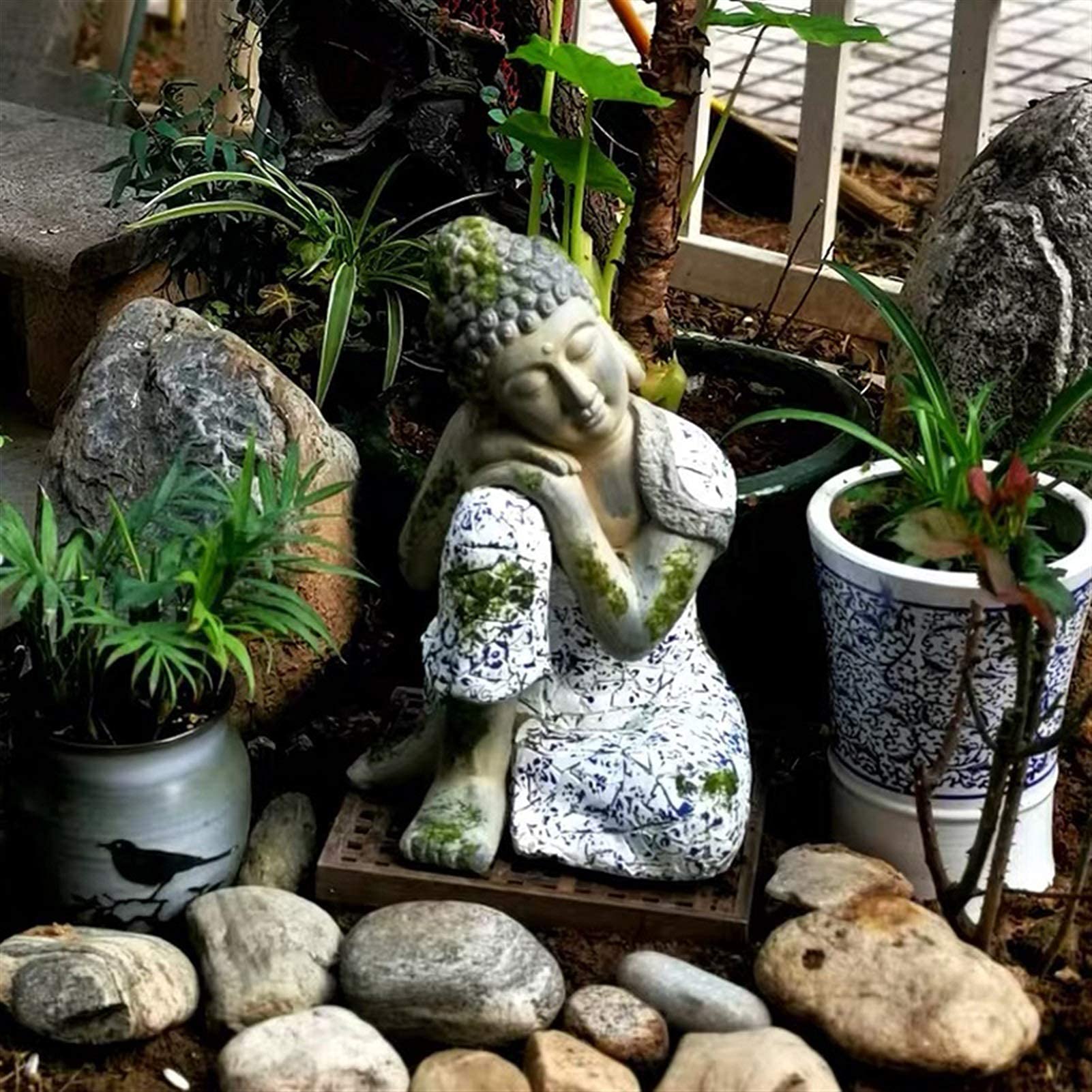 Garten Ornament Sitzender Buddha Steineffekt Zen Outdoor Indoor Statue Wohnkultur