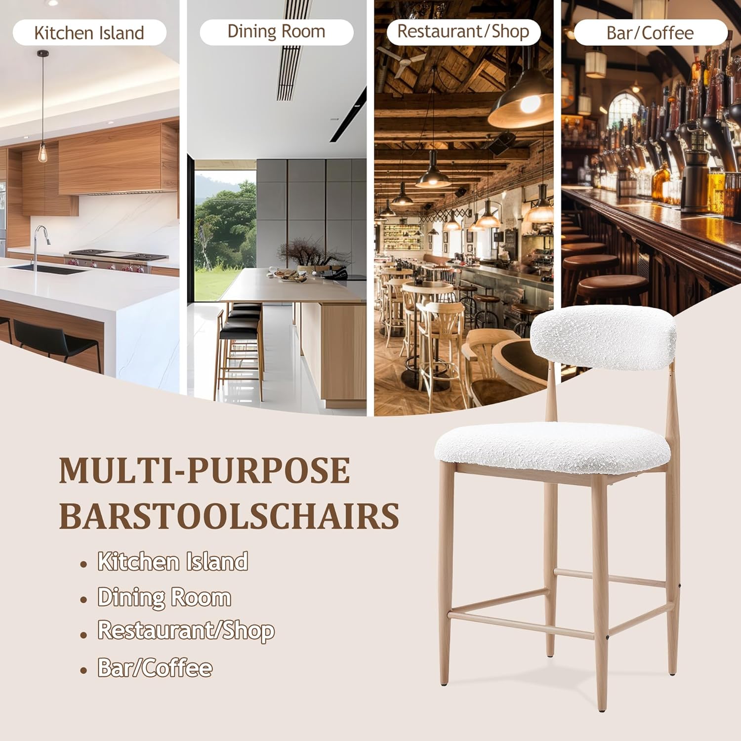Morden Fort Counter Stools Set of 4 with Boucle Upholstered Seats, 26''H Counter Height Barstools, Kitchen Island Barstools with Gold Curved Back & Wood Grain Legs, Modern Dining Room Bar Chairs White