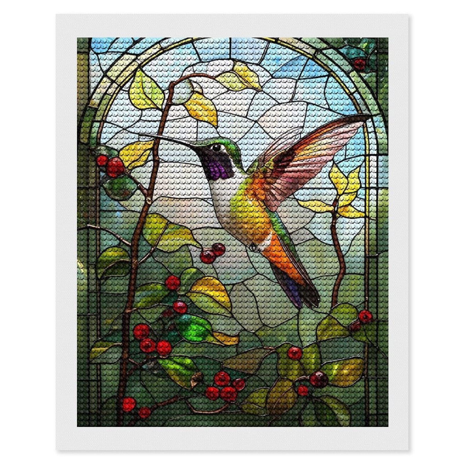 Junmoney Stained Glass Hummingbird Diamond Art Kit 16"x20", Relaxing DIY Hobby, Satisfying Creative Project, Living Room Decor, for Women
