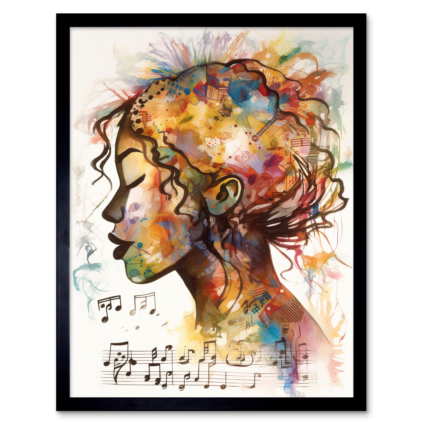 Artery8 Musical Meditation Synesthesia Woman Listening to Music Modern Watercolour Painting Art Print Framed Poster Wall Decor 12x16 inch