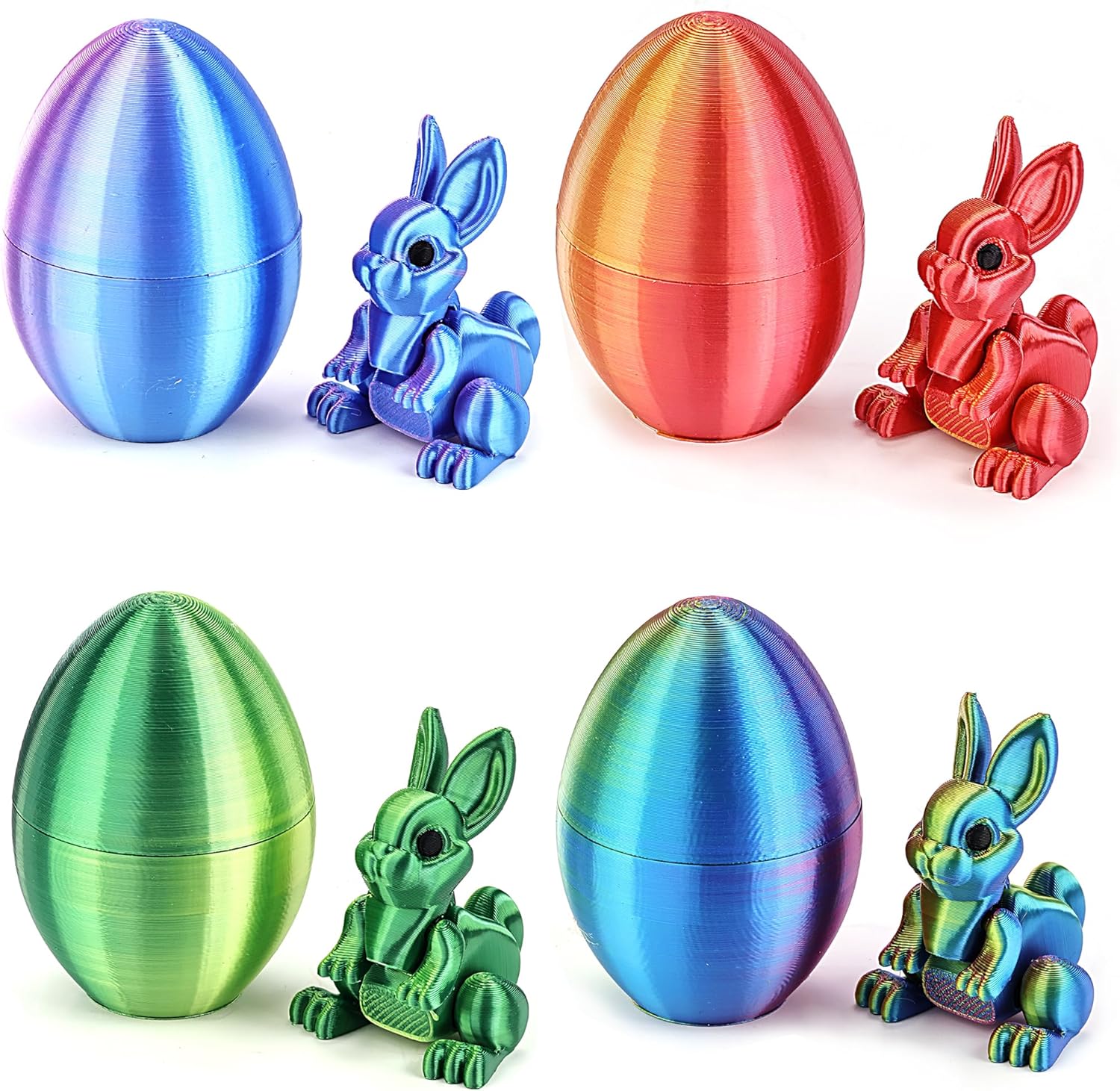 Easter Basket Stuffers, 4 Pcs 3D Printed Easter Egg with Bunny Figure Toys Prefilled, Flexible Articulated, Multicolor Bunny Figures, for Kids, Easter Basket Essentials, for Easter Egg Hunts
