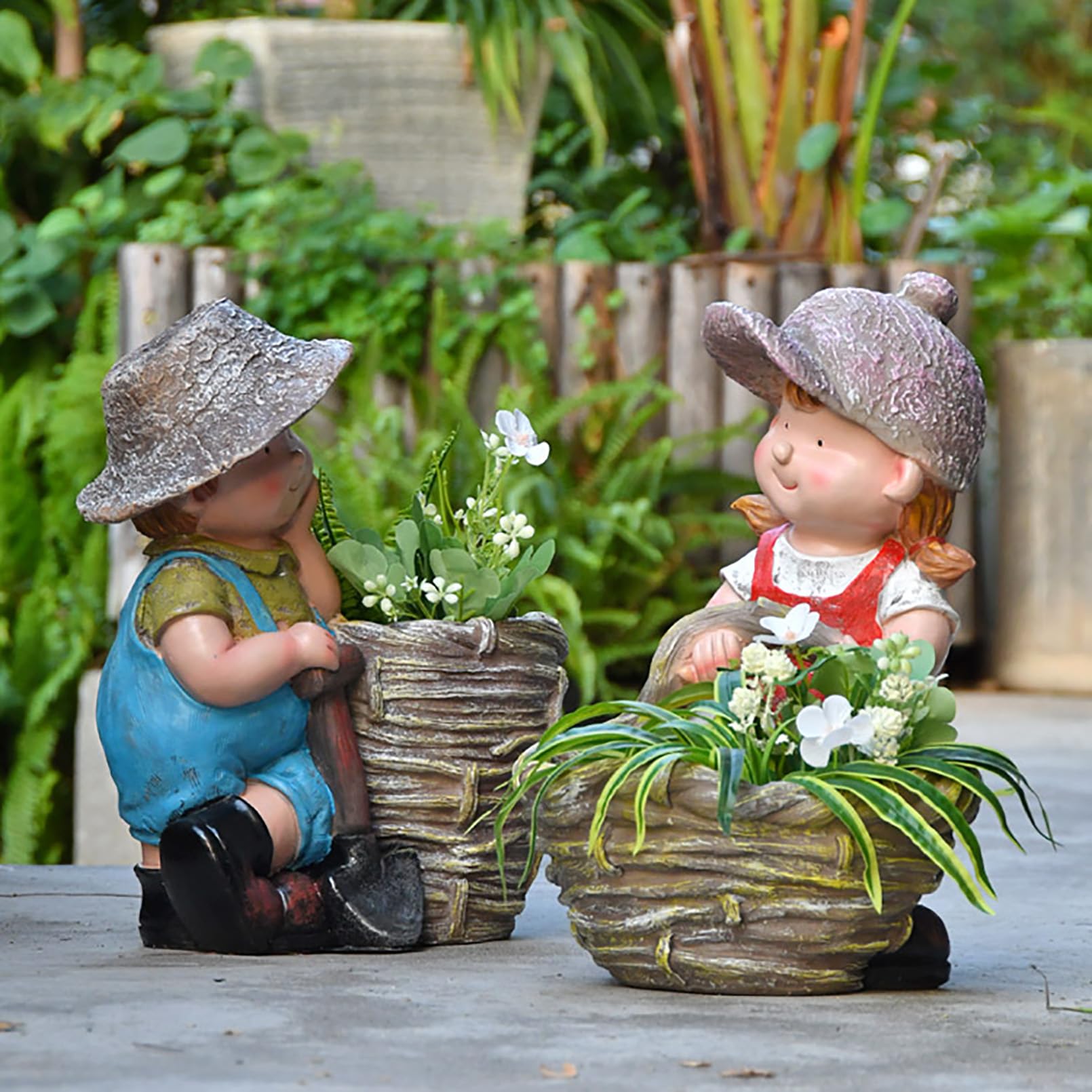 Grande Figura da Giardino con Vaso di Fiori Decorazione da Giardino per Esterni, Simpatico Personaggio dei Cartoni Animati da Statua Figura, Resistente alle intemperie,Verde,40x33x20cm