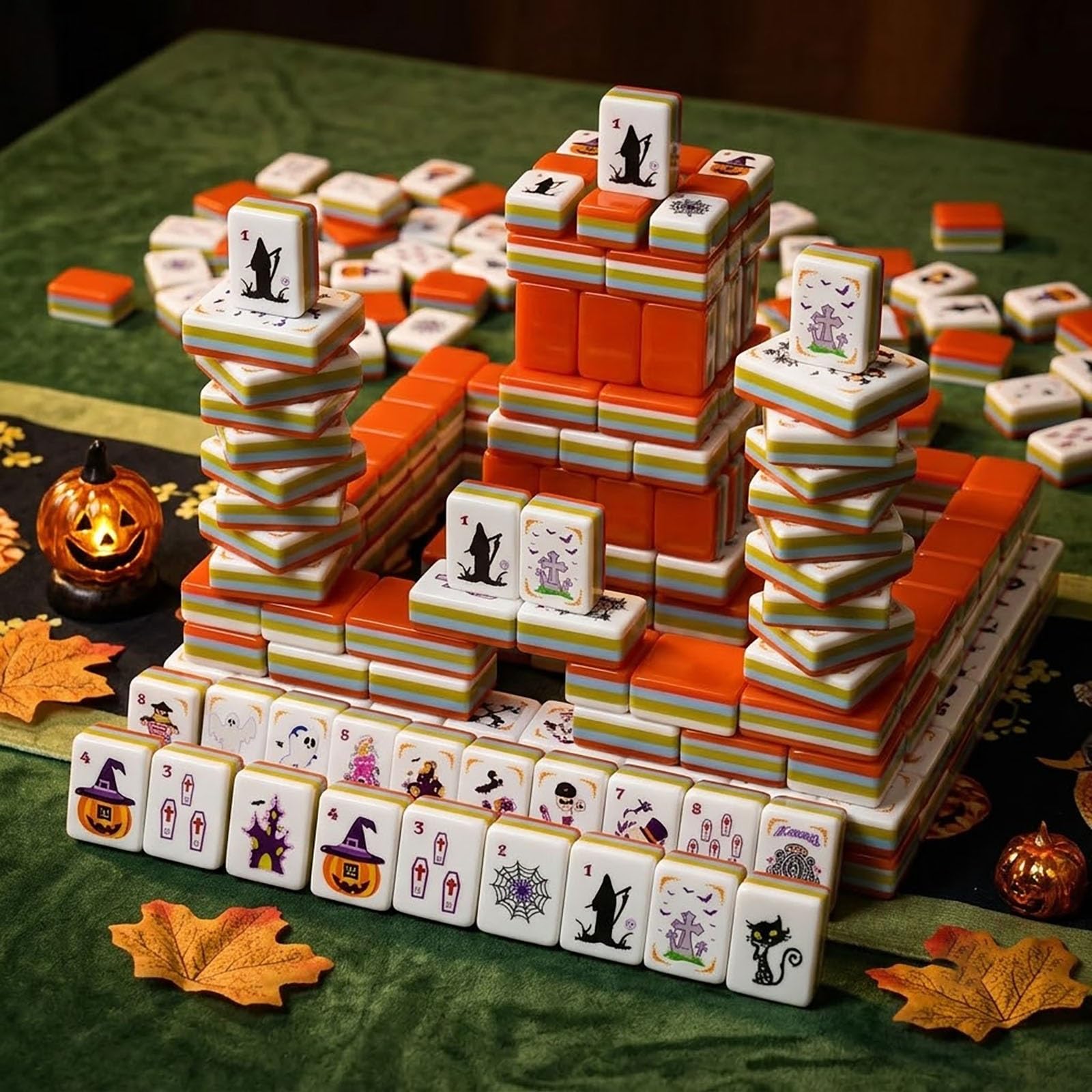Amerykański zestaw Mahjong, upiorne słodkie płytki tematyczne Halloween | Znaki narożne z literami i cyframi, gra planszowa w standardowym rozmiarze 160 płytek dla 4 dorosłych graczy