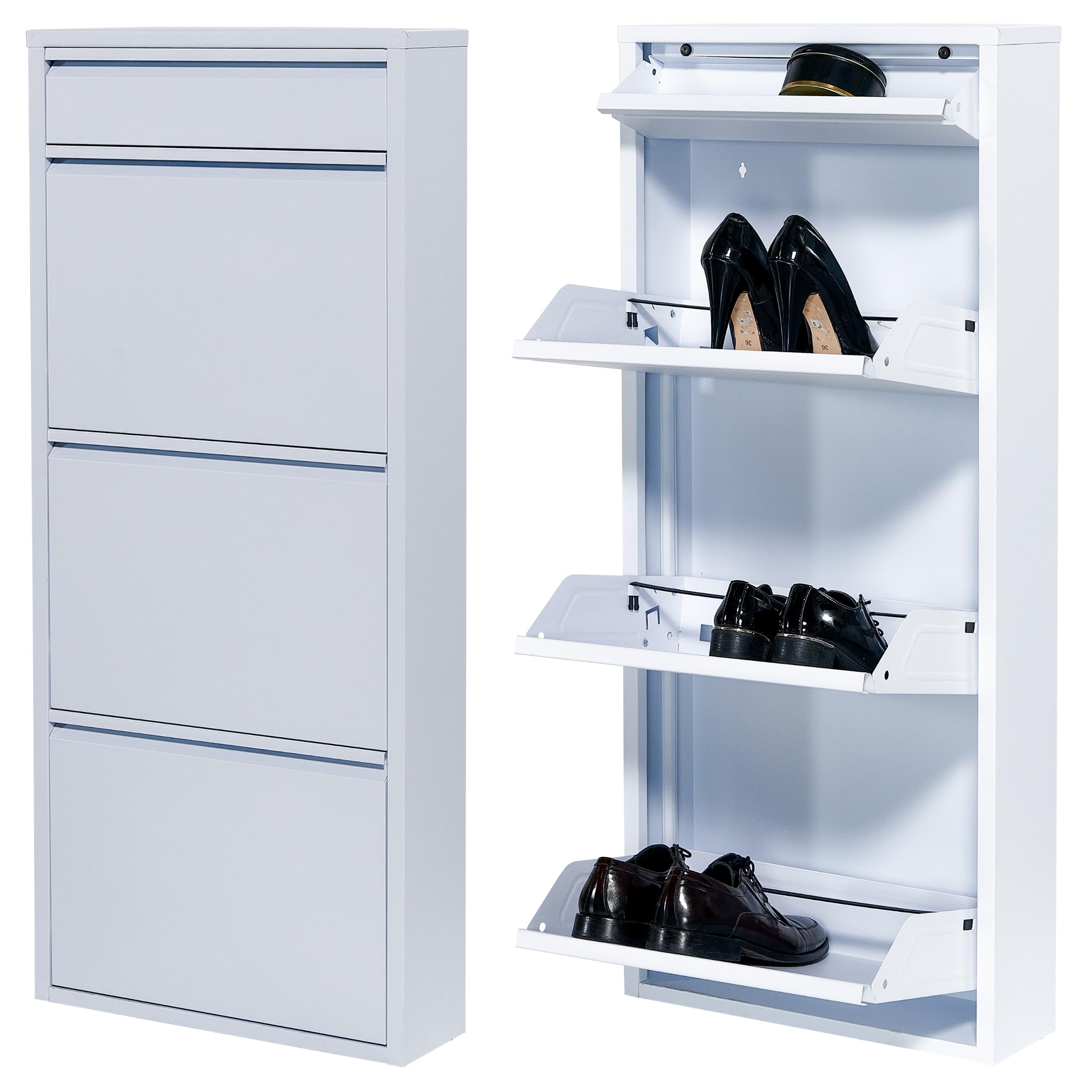 Atahome Gordion Modern Slim Metal Shoe Cabinet for hallway, 3 Drawers & Accessory Drawer, wall mounted thin flip down Shoe Rack Storage Organiser Shoe cupboard 3+1 Tier Indoor Outdoor (White)