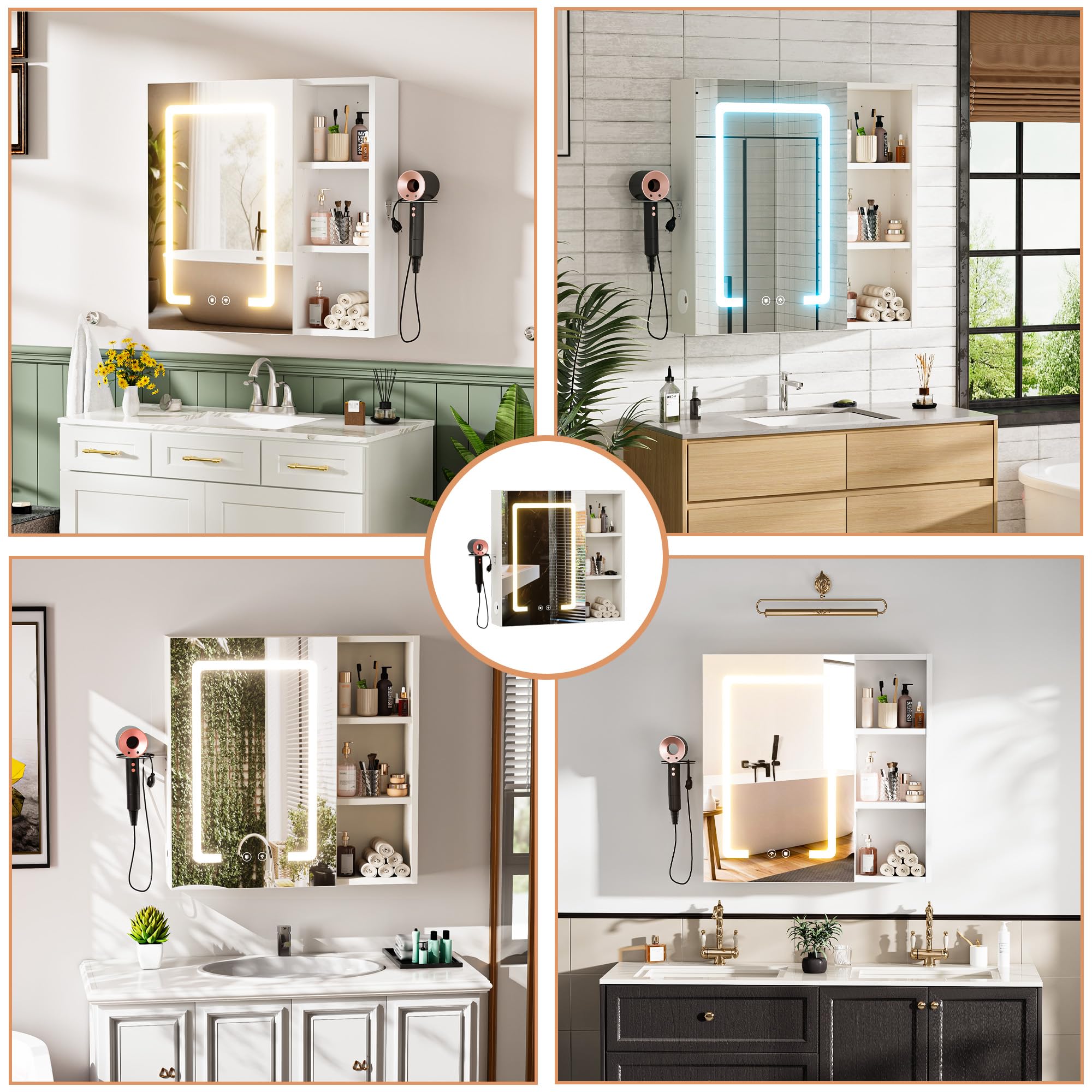 Armario Baño con Espejo LED iluminación y Función de desempañadora Armario Baño Espejo de Pared con 3 Estanteria Ajustables y Soporte para Secador de Pelo 60x60x15 cm Blanco