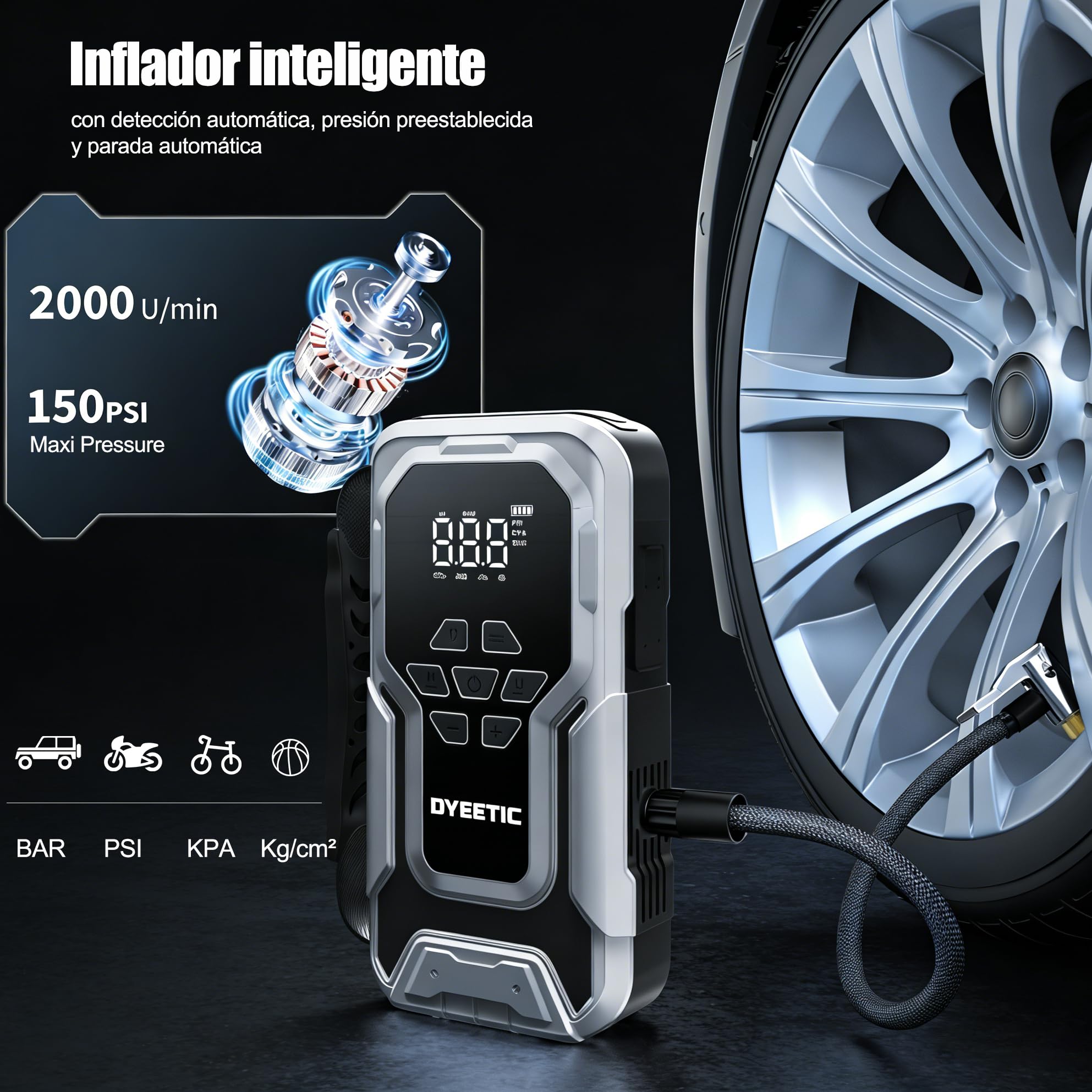 Arrancador de Batería de Coche 8000A con compresor 150PSI, 12V Jump Starter Batería Booster Externa para All Gasolina o 12L Diesel, 18W Carga rápida con Cable de Arranque