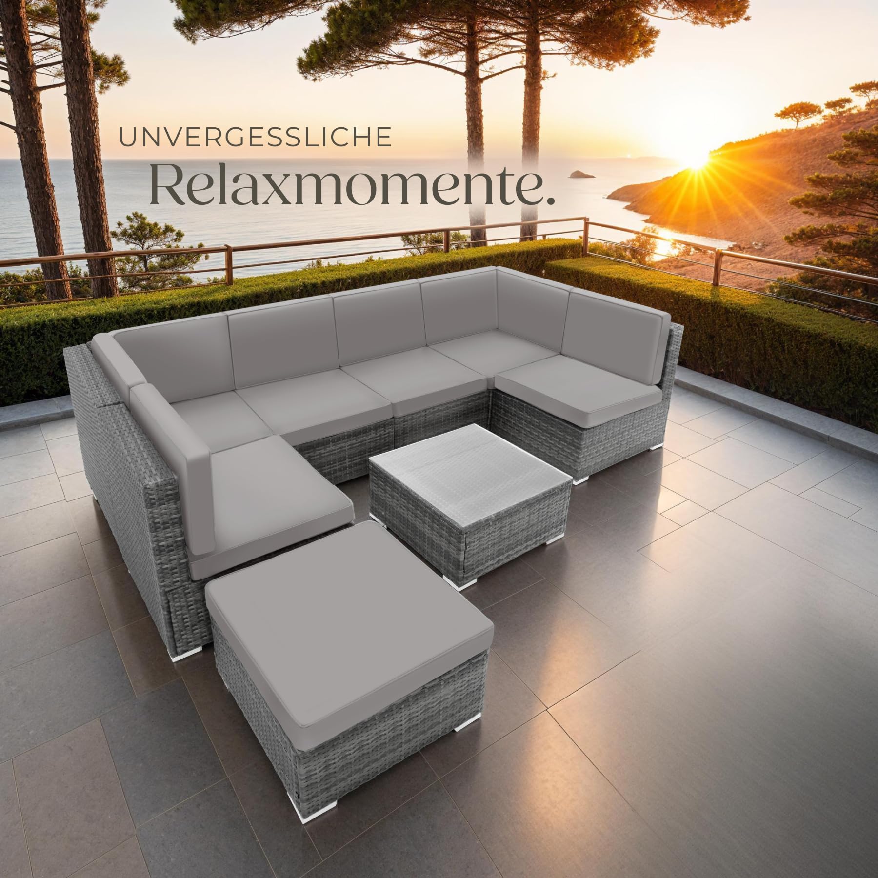 tectake XXL Polyrattan Lounge, Gartenmöbel Set, Sitzgruppe, Balkon Möbel mit 6 Sitze 1 Tisch 1 Hocker, inkl. Sitzkissen, Gartenlounge Outdoor, wetterfest, für Garten, Balkon, Terrasse - grau