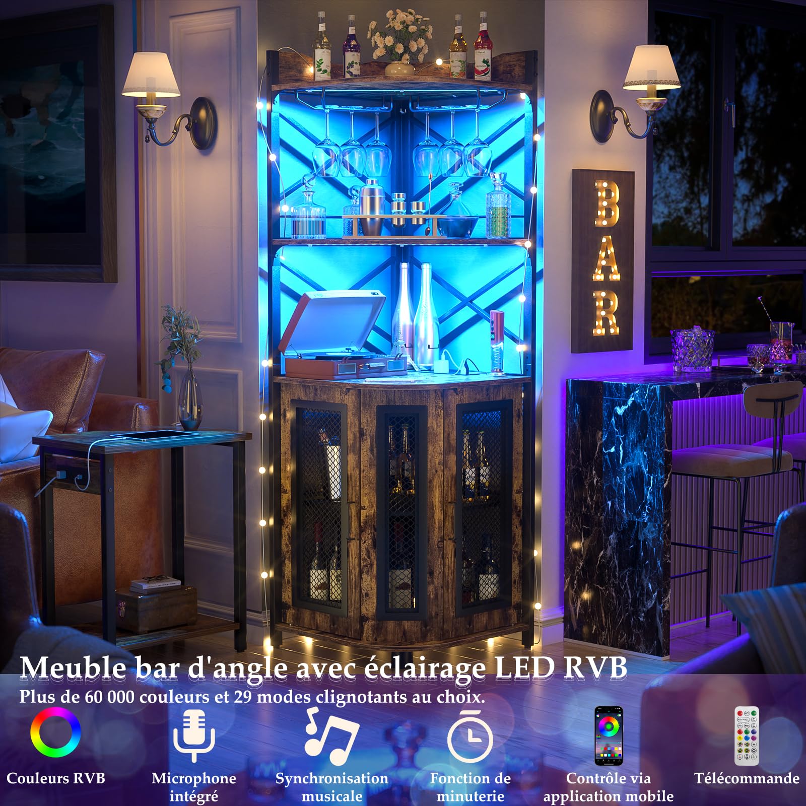 iSunirm Meuble Bar d'angle avec Prise électrique, Meuble à vin Industriel avec Bande LED et Porte-Verres, à liqueurs à 5 Niveaux pour la Maison, vitrine d'angle pour Petits espaces, Marron