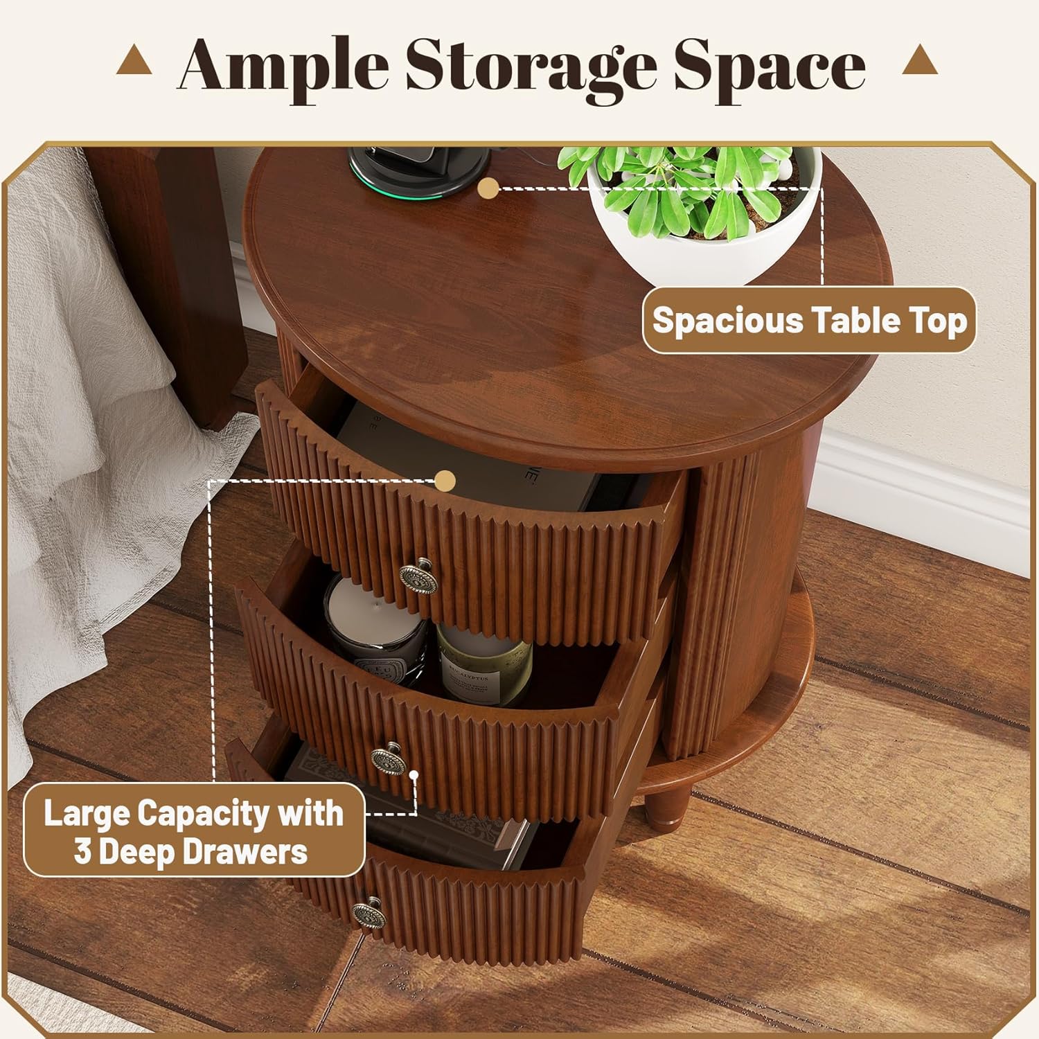 3 Drawers Nightstand, Wood End Table with Charging Station,Modern Round End Tables Living Room,Oval Side Table with Storage for Bedroom,Fully Assembled Nightstand,Brown