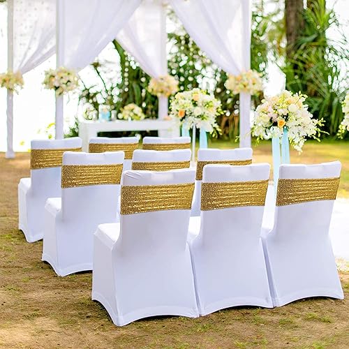 Miniatura 6 de Paquete de 50 bandas elásticas de lentejuelas para silla, decoración de lentejuelas unilaterales para hotel, boda, recepción, eventos, fiesta,