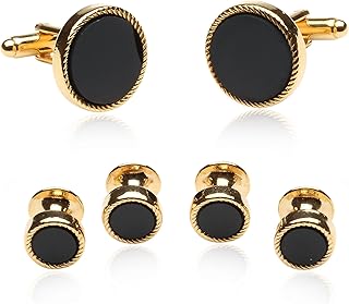 Ribbed Tuxedo Cufflinks & Studs Formal Set Unique Designed French Cuff Links Mens Wedding Business for Men Mother of Pearl Cufflinks and Studs with Presentation Gift Box