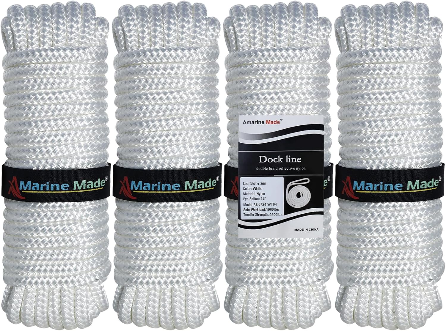 Amarine Made 2 Pack Of 3/4 Inch 25 FT Double Braid Nylon Dockline Mooring Rope Double Braided Dock Line,Working Load Limit: 1900LBS,Breaking Strength: 9500LBS (White