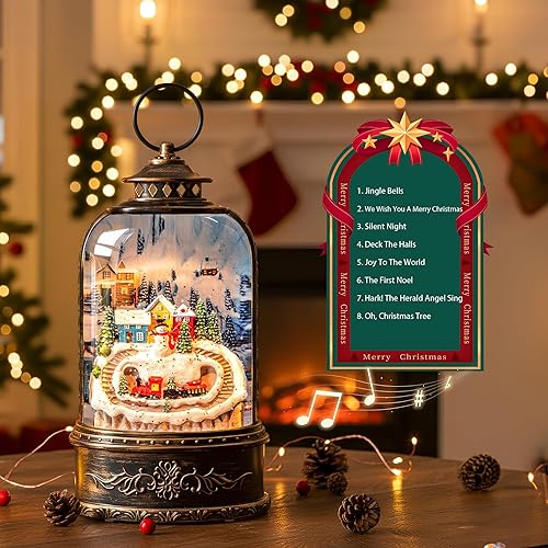 Miniatura 5 de Linterna de globo de nieve de pueblo navideño iluminado musical, muñeco de nieve y tren de montaña con purpurina giratoria, decoraciones navideñas,