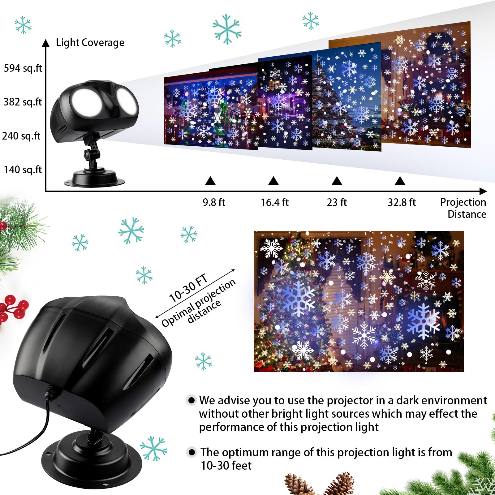 Treela 2 Pack Snowflake Christmas Projector Lights - Outdoor Waterproof Holiday Spotlight With Remote
