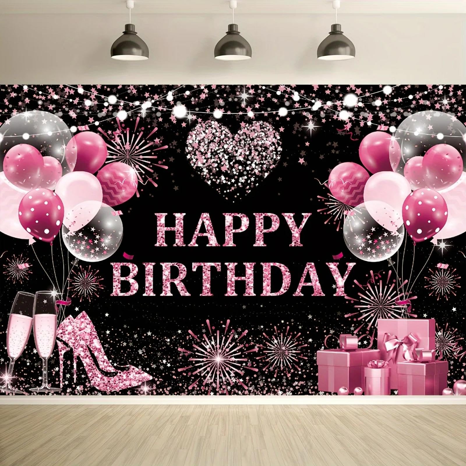 Baner urodzinowy z napisem "Happy Birthday" Baner na tło fotografii urodzinowej, kolor czarny, różowe złoto, baner urodzinowy