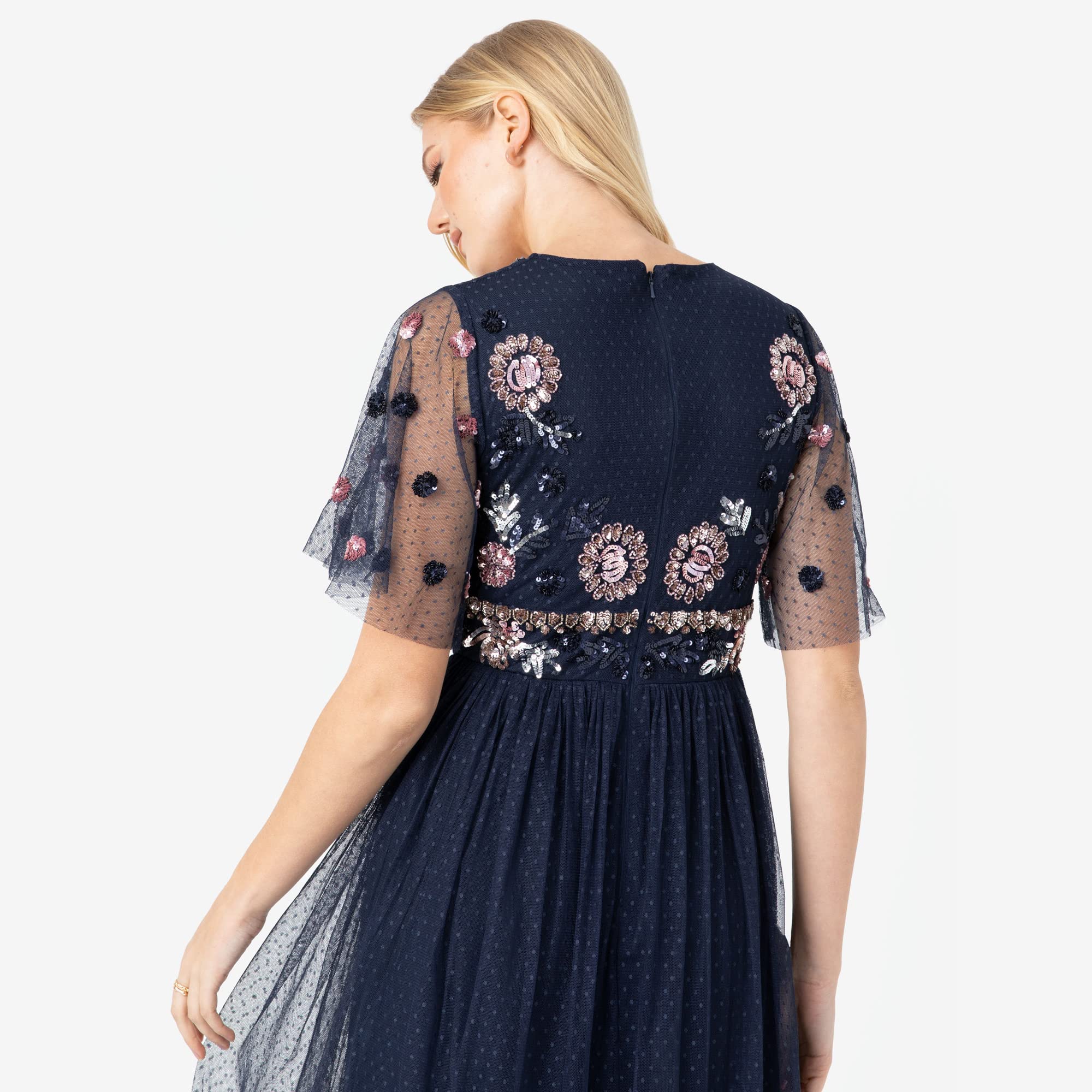 Maya Deluxe Womens Maxi Dress Ladies Embellished Spot Mesh A-Line V-Neck Dress For Wedding Guest Bridesmaid Prom Ball Occasion Vestido Mujer